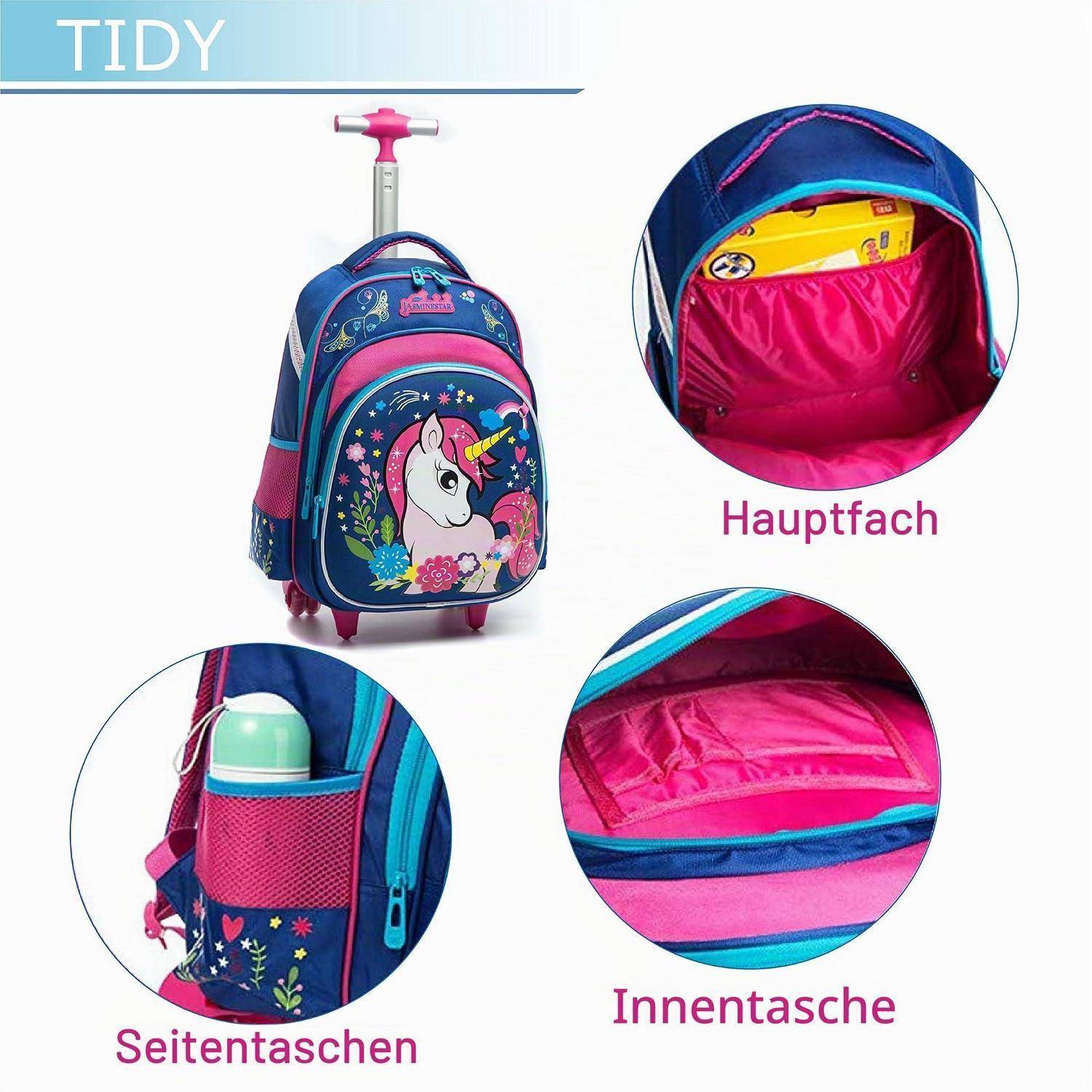Bild eines Einhorn-Thema-Rollrucksacks mit der Bezeichnung „TIDY