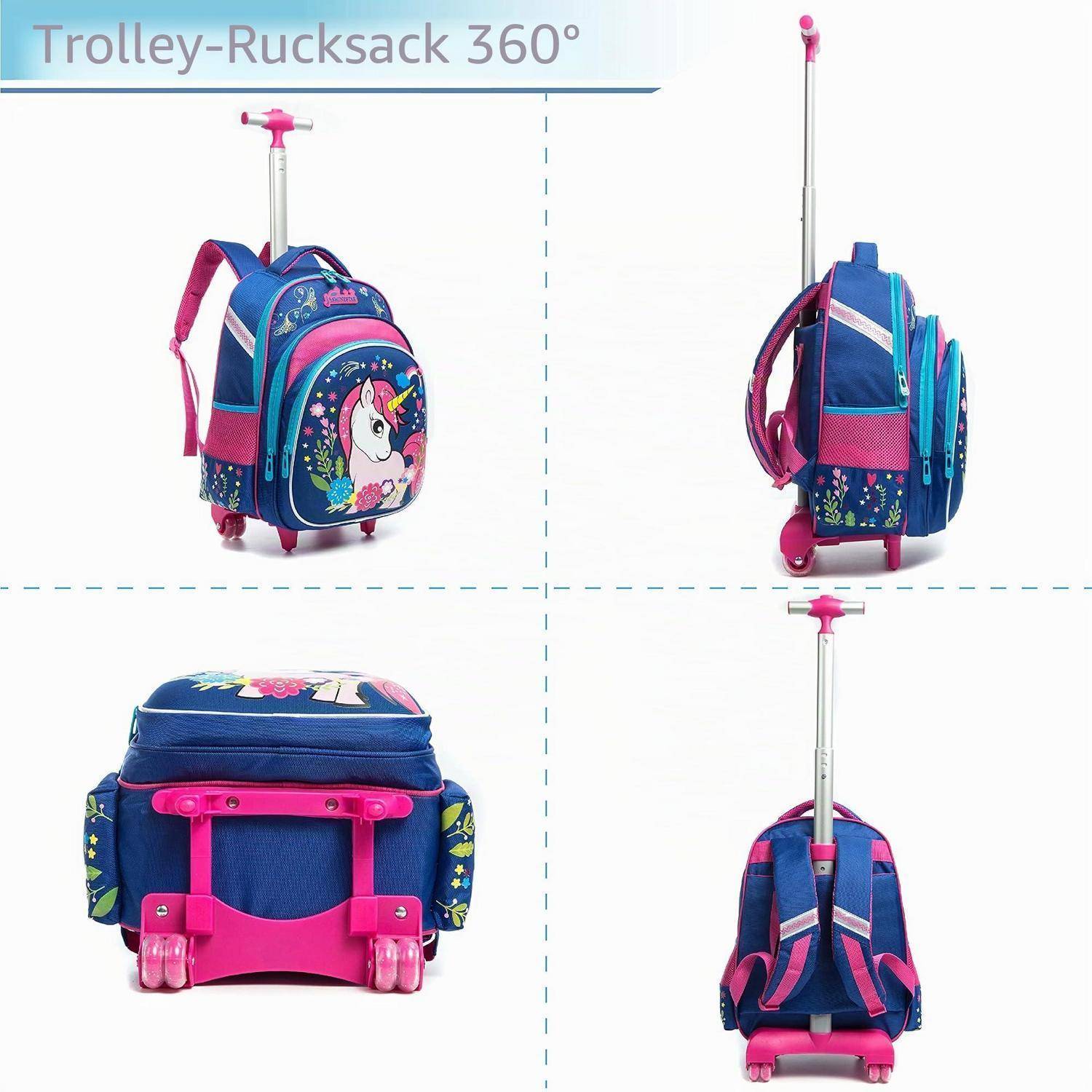 Produktabbildung eines Kinderrucksacks mit Rollen aus vier Blickwinkeln, mit blauem und rosafarbenem Einhorndesign und ausziehbarem Griff.
