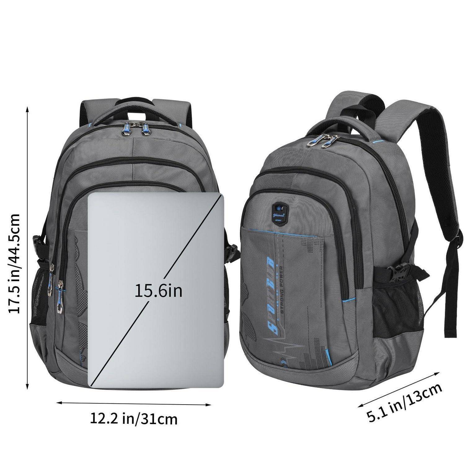 Grauer Rucksack von vorne und von der Seite gezeigt, mit beschrifteten Abmessungen 17,5 x 12,2 x 5,1 Zoll und Laptopgröße 15,6 Zoll.