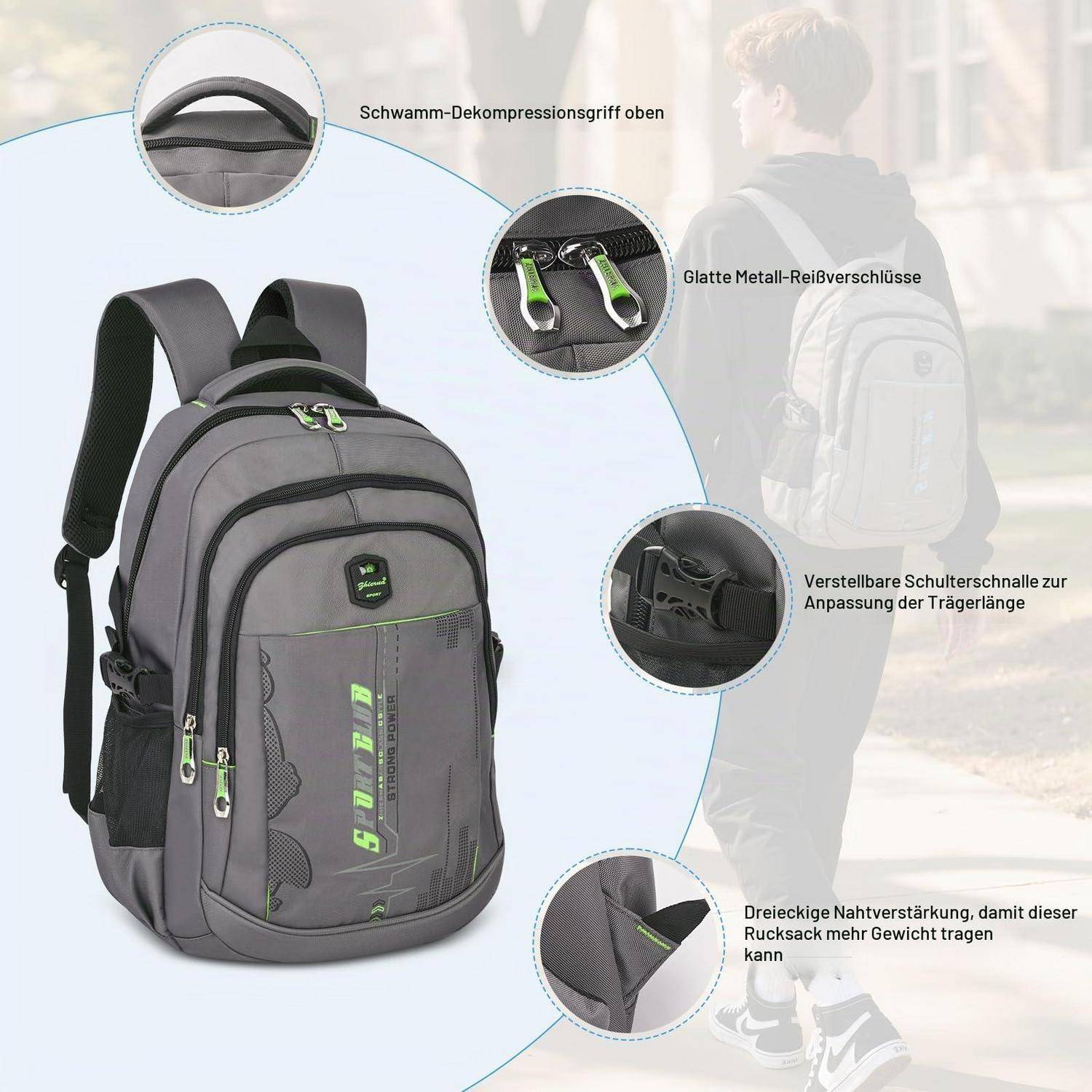 Produktbild eines grau-schwarzen Rucksacks mit Beschriftungen, die den gepolsterten oberen Griff, die glatten Metallreißverschlüsse, die verstellbaren Schultergurte und die verstärkte Naht hervorheben.