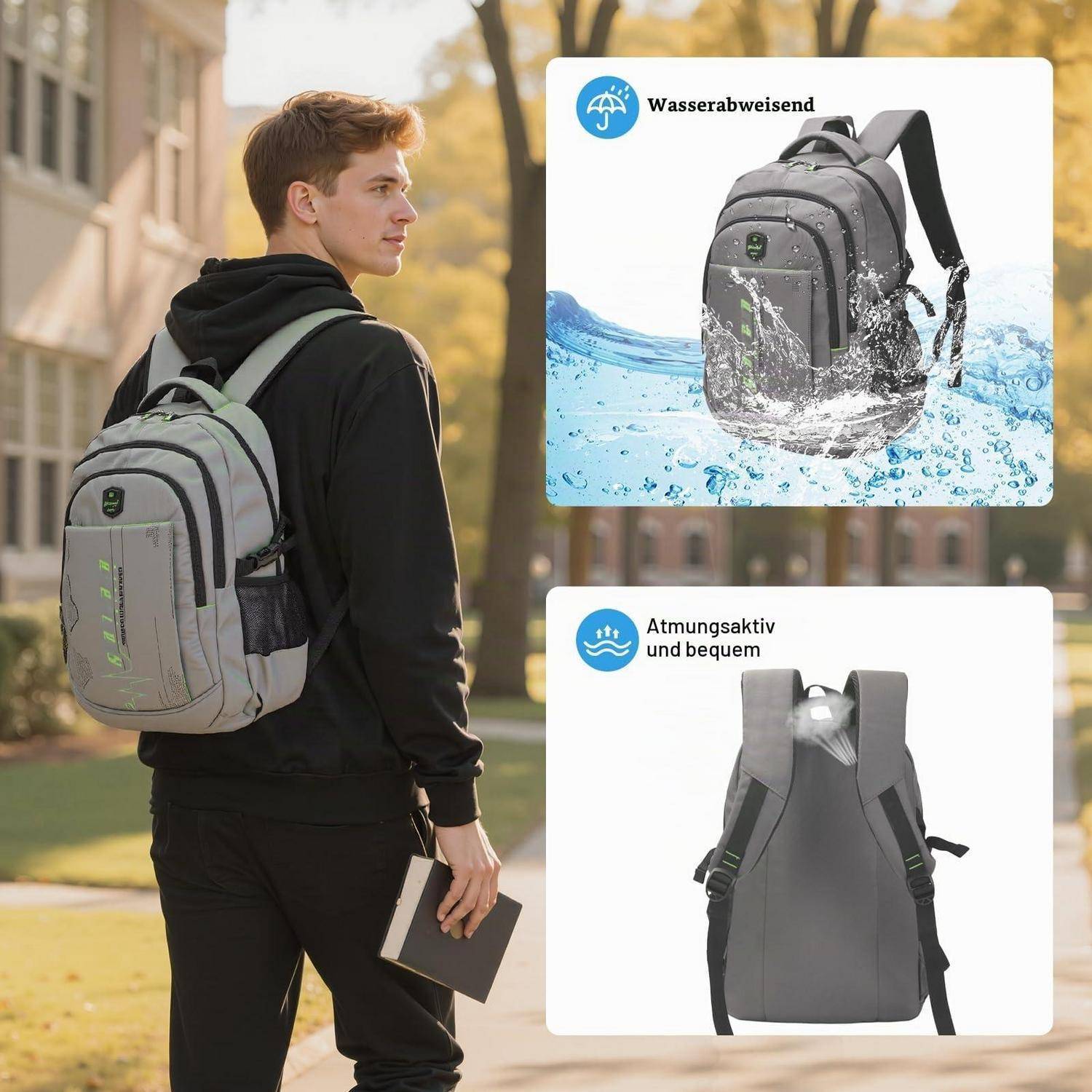 Junger Mann trägt einen grauen Rucksack im Freien, mit Produkthinweisen, die zeigen, dass er wasserdicht und atmungsaktiv ist.