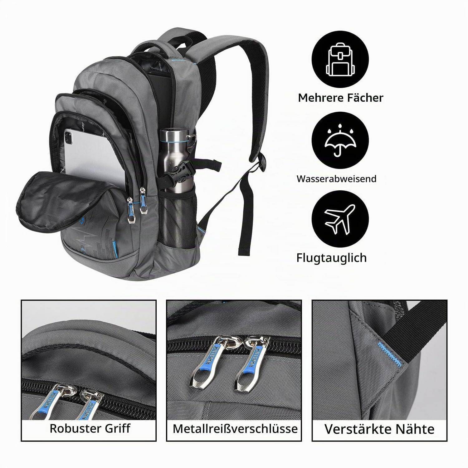 Grauer Rucksack mit Laptop- und Trinkflaschenanteil; Symbole zeigen mehrere Taschen, wasserfest und flugtauglich, mit Nahaufnahmen des robusten Griffs, Metallreißverschlüssen und verstärkten Nähten.