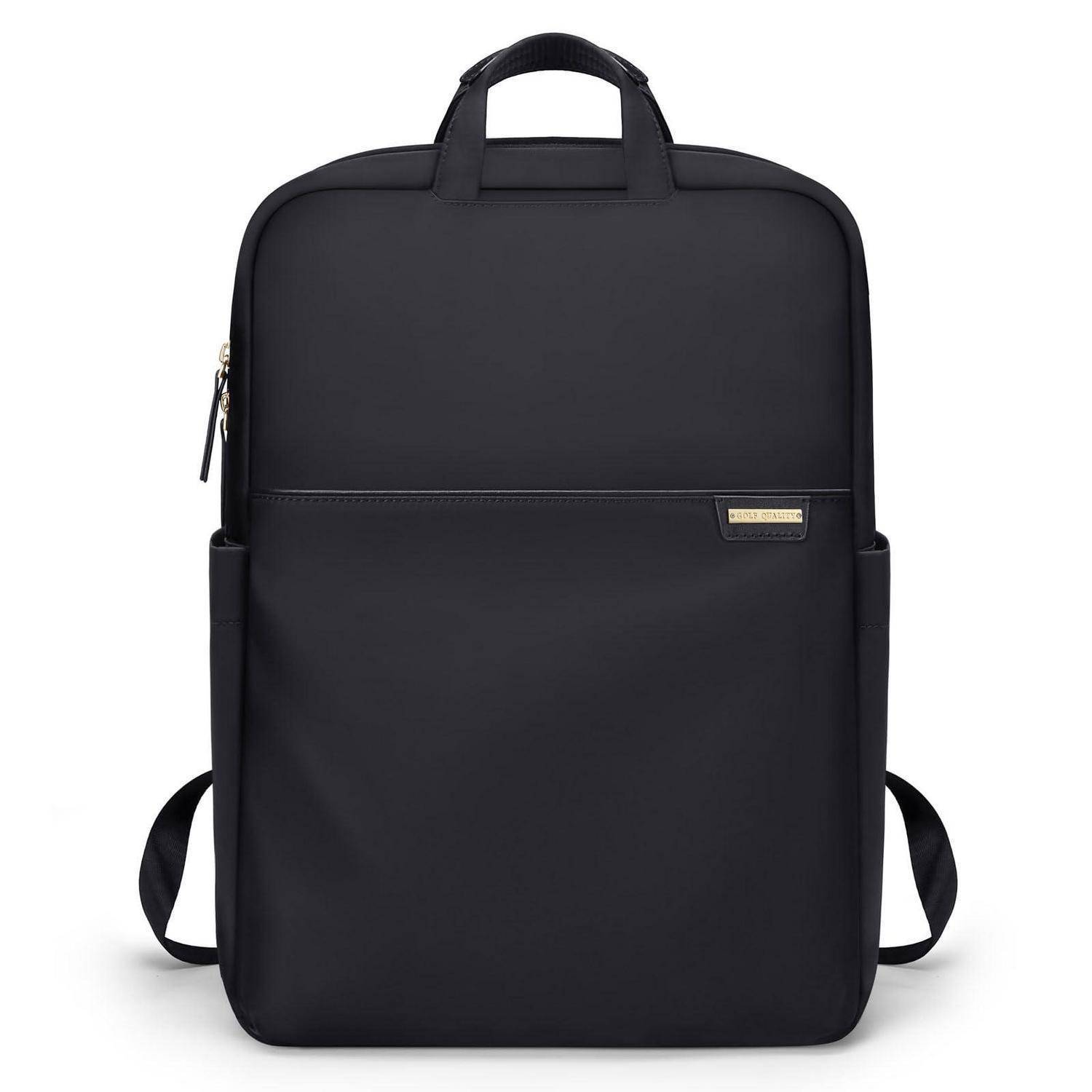 Schwarzer Rucksack mit Griff oben, Vordertasche und Schultergurten, dargestellt vor einem einfachen Hintergrund.