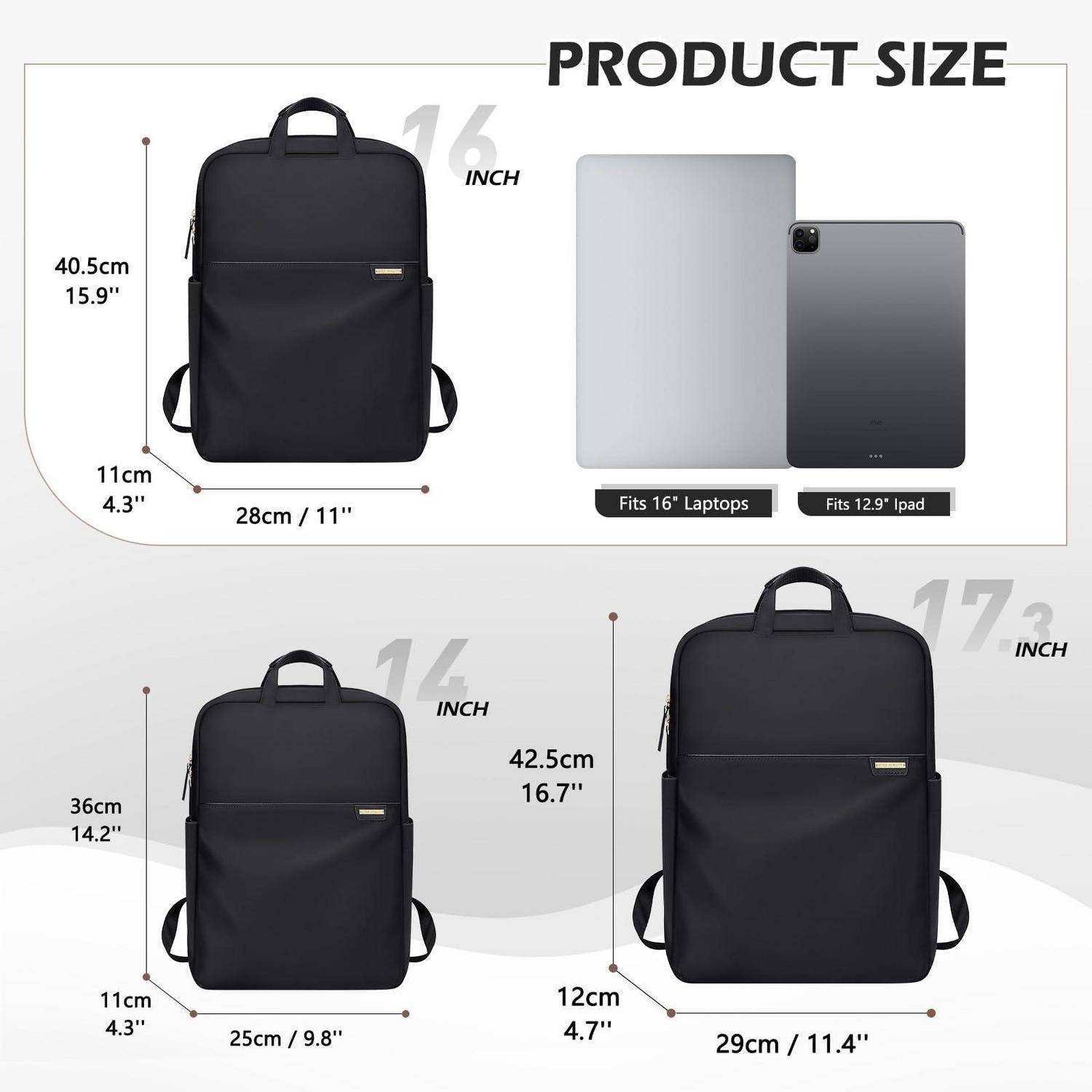 Größentabelle für Produkte mit drei schwarzen Rucksäcken in den Größen: 16 Zoll, 14 Zoll und 17 Zoll, mit Abmessungen und Etiketten für Laptop-/iPad-Kompatibilität.