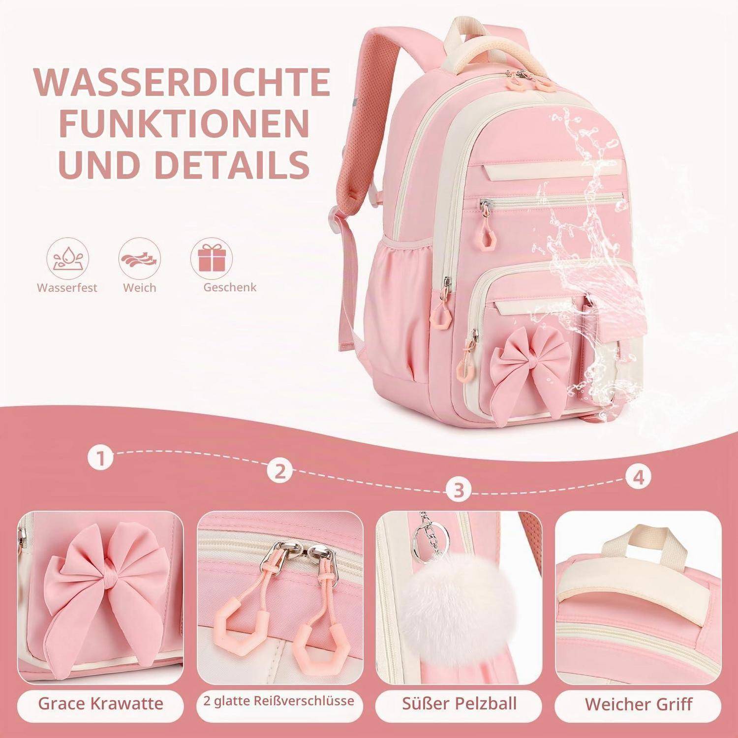 Rosa wasserdichter Rucksack mit vorderen Reißverschlusstaschen und Schleifendetail, dargestellt mit deutschen Beschriftungen, die wasserdicht, weich und Geschenkmerkmale hervorheben; Nahaufnahmen zeigen Schleife, Reißverschlüsse, Pompon und Griff.