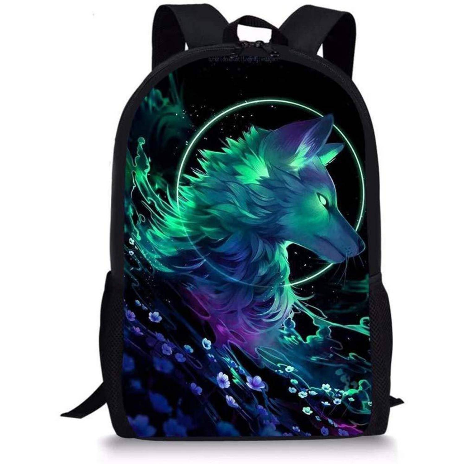 Schwarzer Rucksack mit einer neonblauen und violetten Wolfsillustration auf der Vorderseite, vor weißem Hintergrund gezeigt.