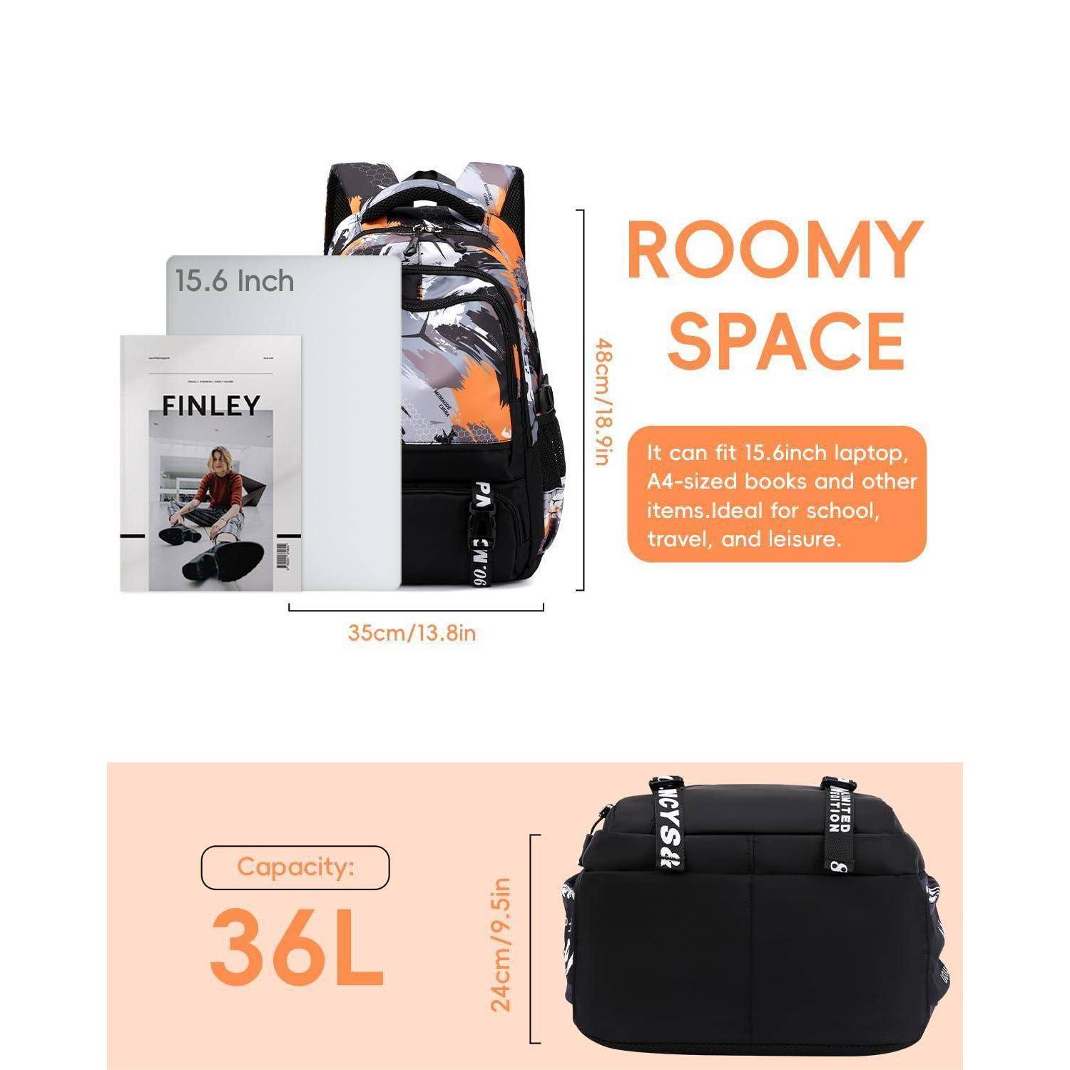Rucksack-Größen-Infografik mit viel Platz: passt einen 15,6-Zoll-Laptop und A4-Bücher; Abmessungen 35 x 48 x 19 cm und 36-Liter-Kapazität.
