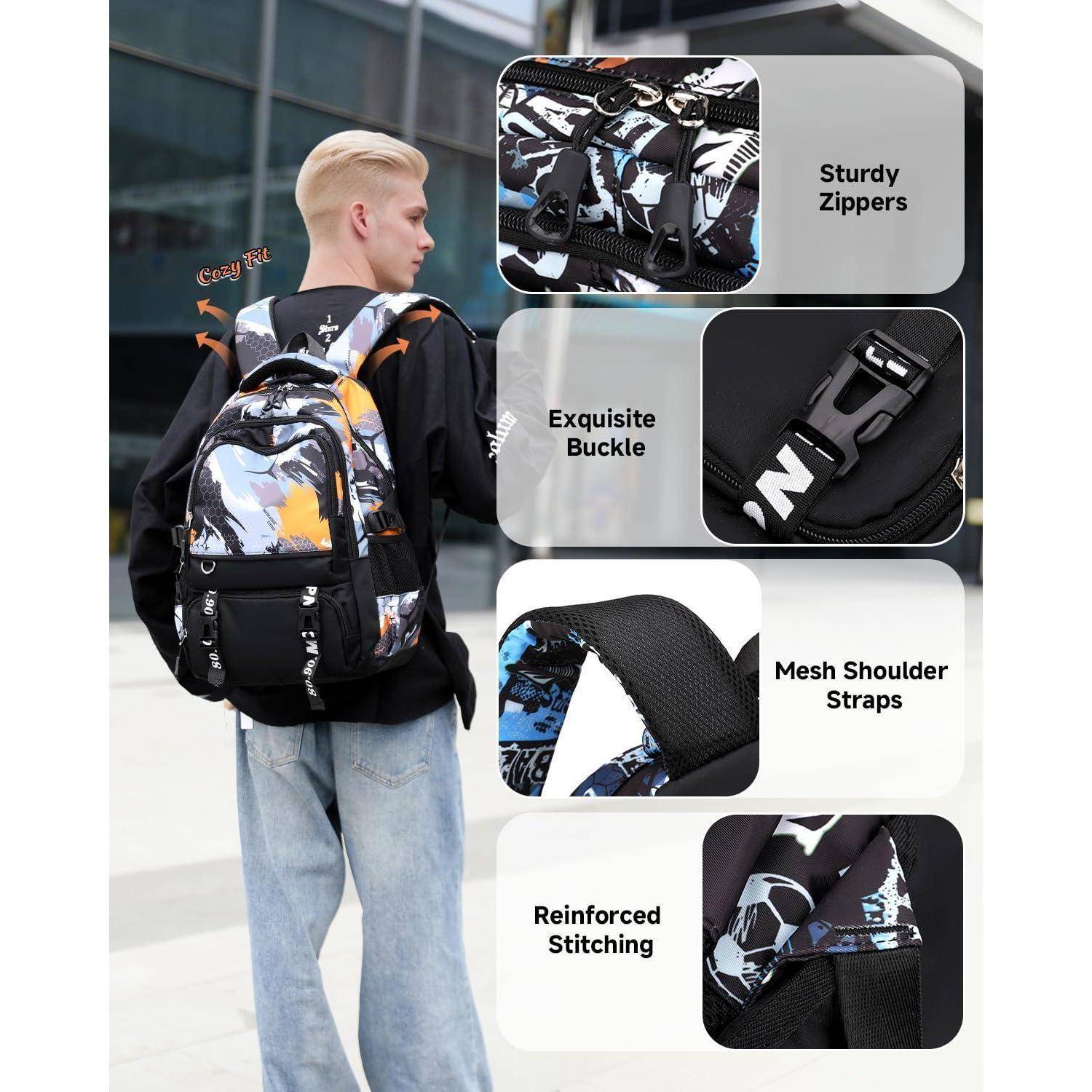 Person mit einem Tarnrucksack, mit Beschriftungen, die robuste Reißverschlüsse, Schnalle, Mesh-Schultergurte und verstärkte Nähte hervorheben.
