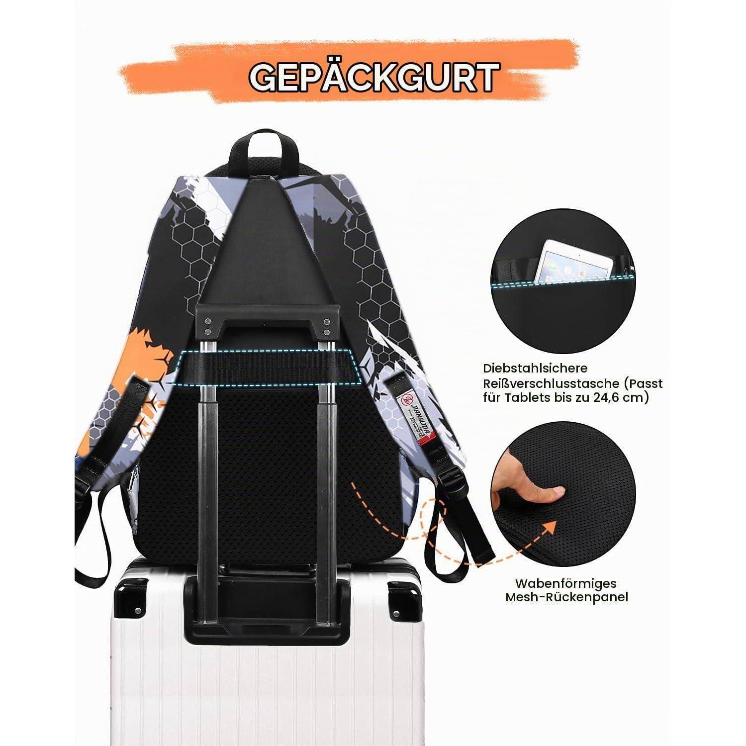 Rucksack auf einem Koffer mit deutschen Etiketten, die einen Gepäckgurt, eine Diebstahlschutz-Reißverschlusstasche für Tablets und ein Mesh-Rückenpaneel hervorheben.