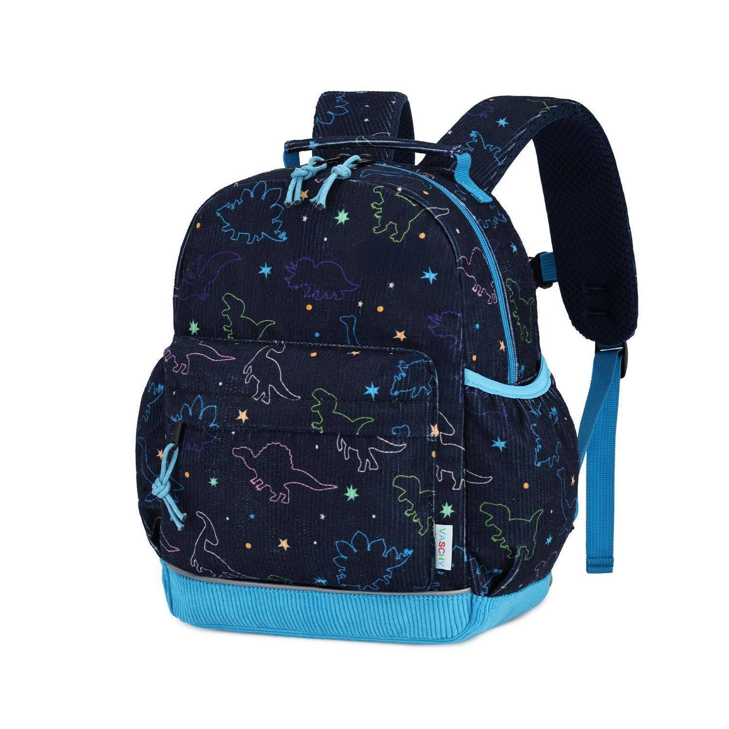 Dunkelroter Dinosaurier-Rucksack mit blauem Besatz, Vordertasche und gepolsterten Trägern auf weißem Hintergrund.