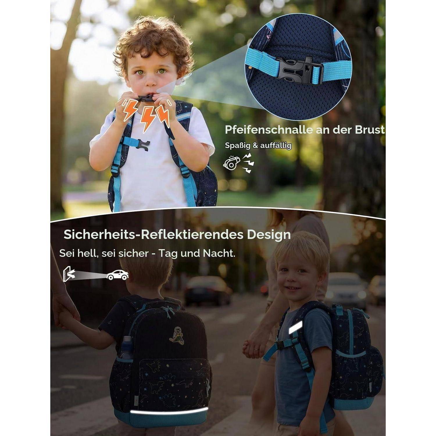 Werbebild eines Kindes, das einen Rucksack mit reflektierenden Sicherheitsmerkmalen und einer Brustpfeifenschnalle trägt, gekennzeichnet mit „Sicherheits-Reflektierendes Design
