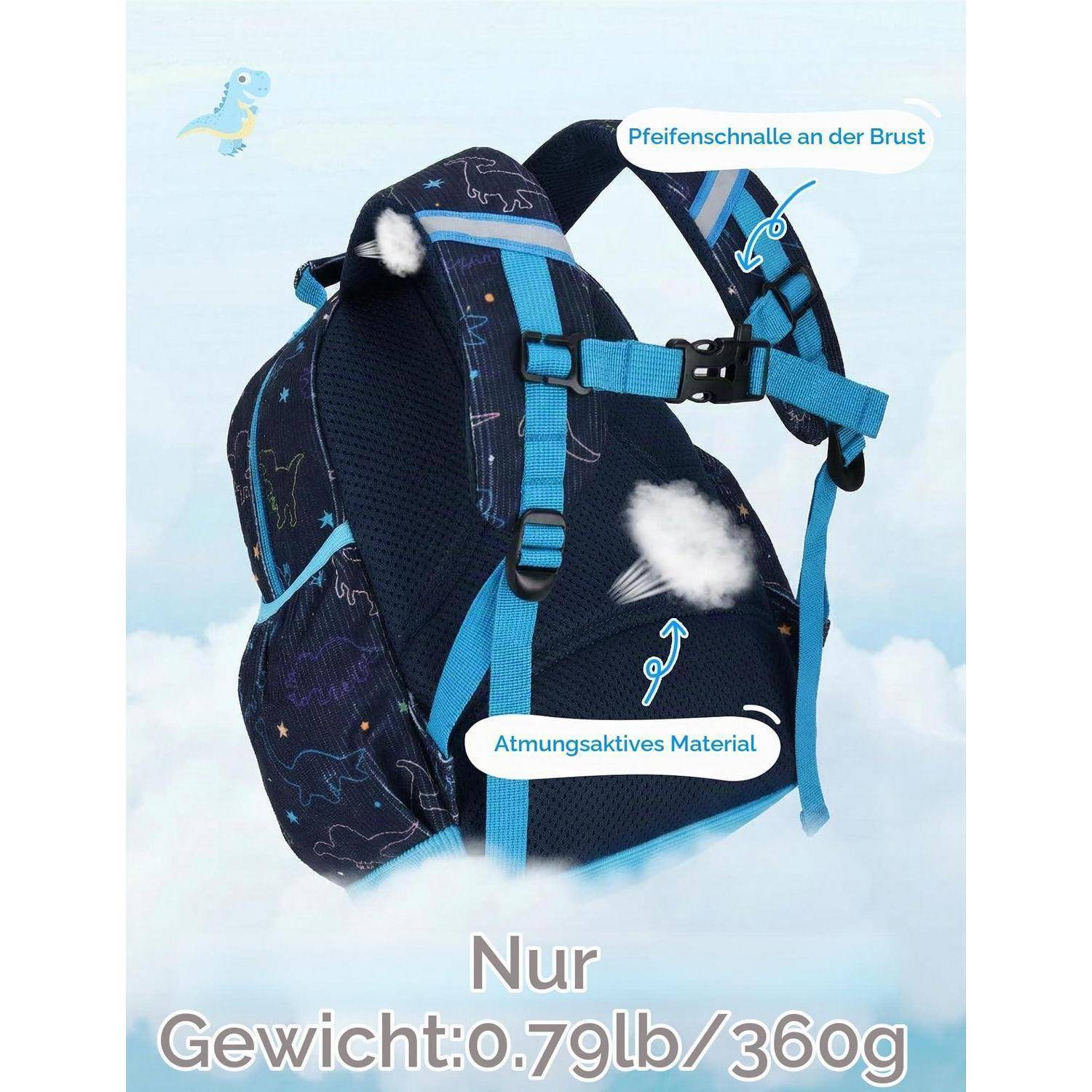 Blauer Kinderrucksack mit Brustgurt und atmungsaktivem Material, gekennzeichnet mit „Pfiffenschnalle an der Brust