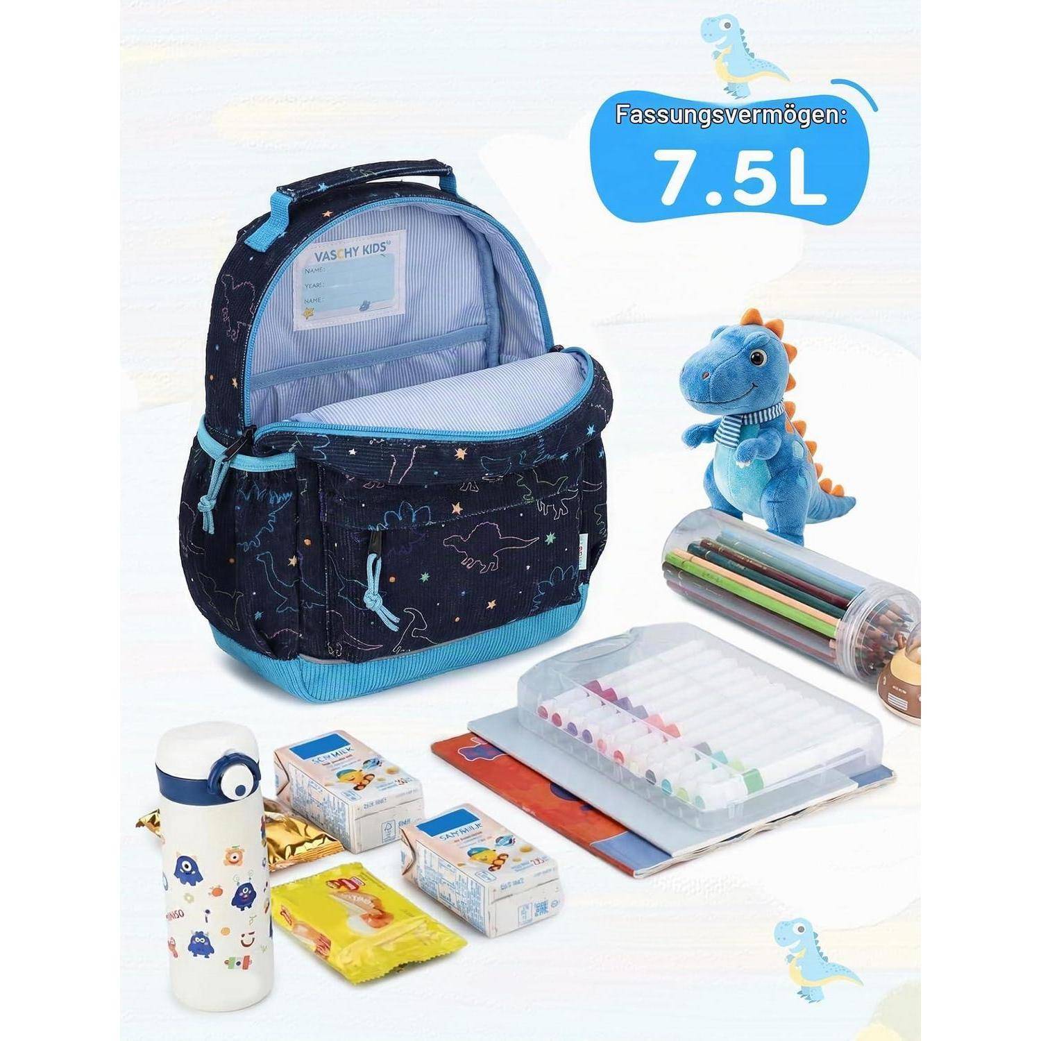 Kinderrucksack mit Lunchbox und Zubehör, gekennzeichnet mit „Fassungsvermögen: 7,5L