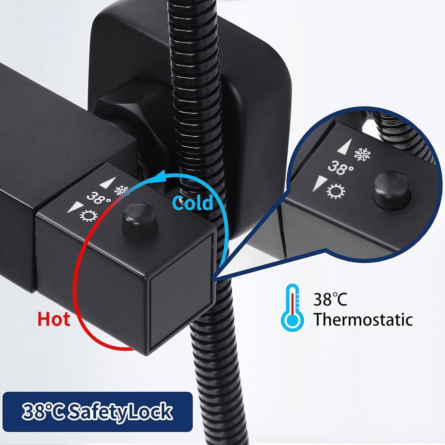 Schwarze thermostatische Duscharmatur mit Markierungen für heiße und kalte Temperatur, einer Sicherheitssperre bei 38°C und einer Nahaufnahme des Wahlschalters.