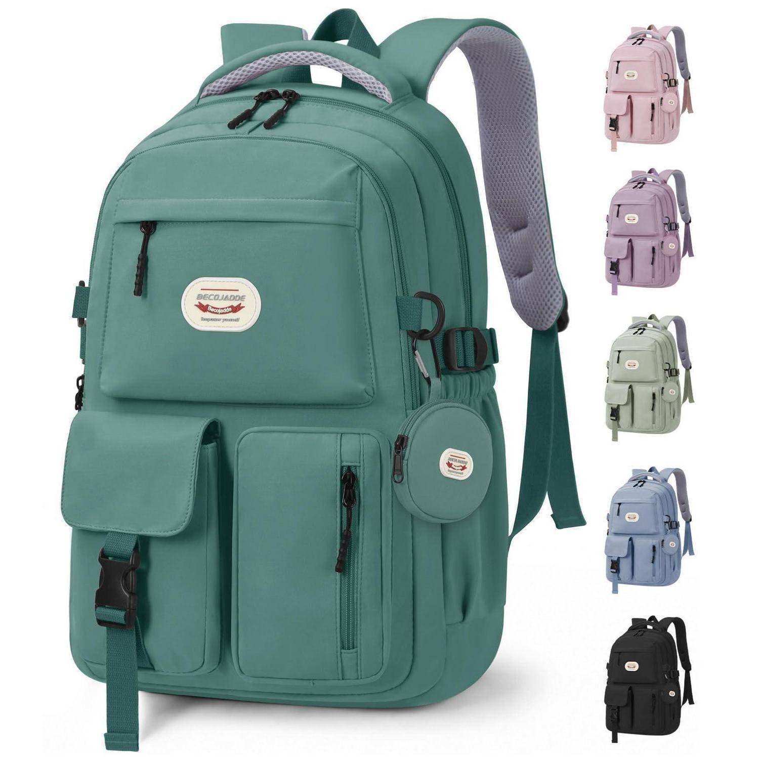 Produktbild eines großen blaugrünen Rucksacks mit mehreren Reißverschlusstaschen, gepolsterten Trägern und Farboptionen von der Seite in Rosa, Lila, Grün, Blau und Schwarz.