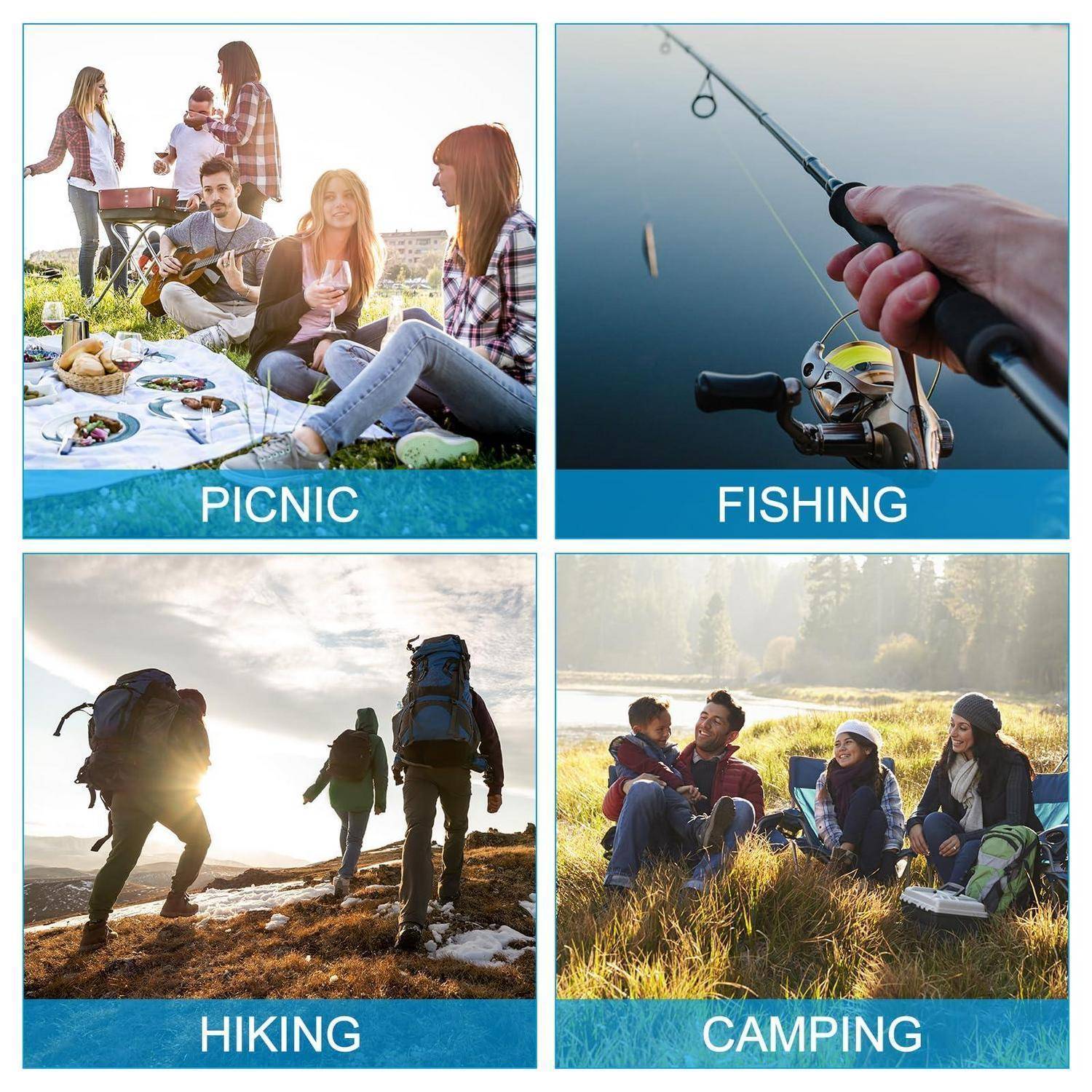 Eine vierteilige Collage mit Freizeitaktivitäten im Freien mit den Bezeichnungen Picknick, Angeln, Wandern und Camping, die Menschen zeigt, die sich unterhalten, angeln, wandern und sich entspannen.