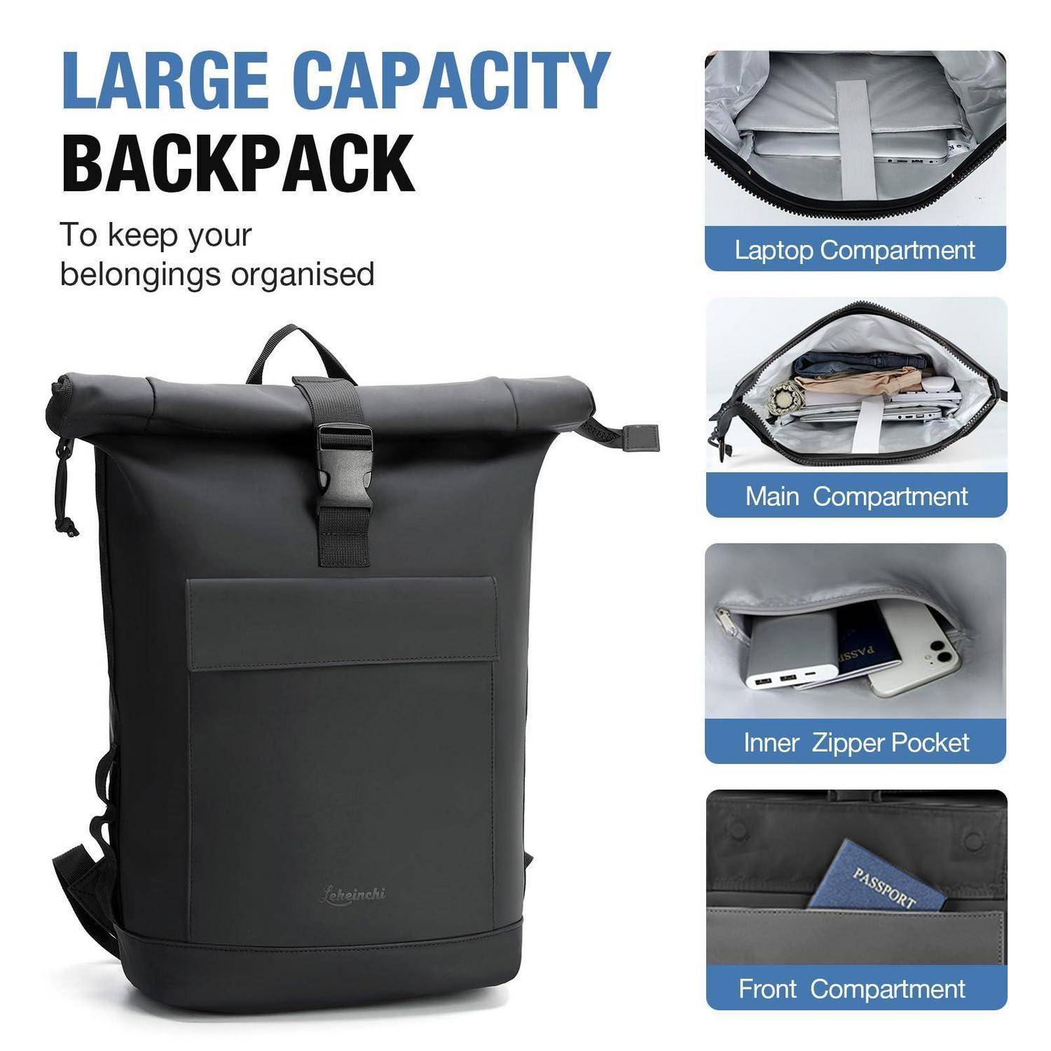 Großraumrucksack mit Laptopfach, Hauptfach, innerer Reißverschlusstasche und Vorderfach zur organisierten Aufbewahrung von Gegenständen.