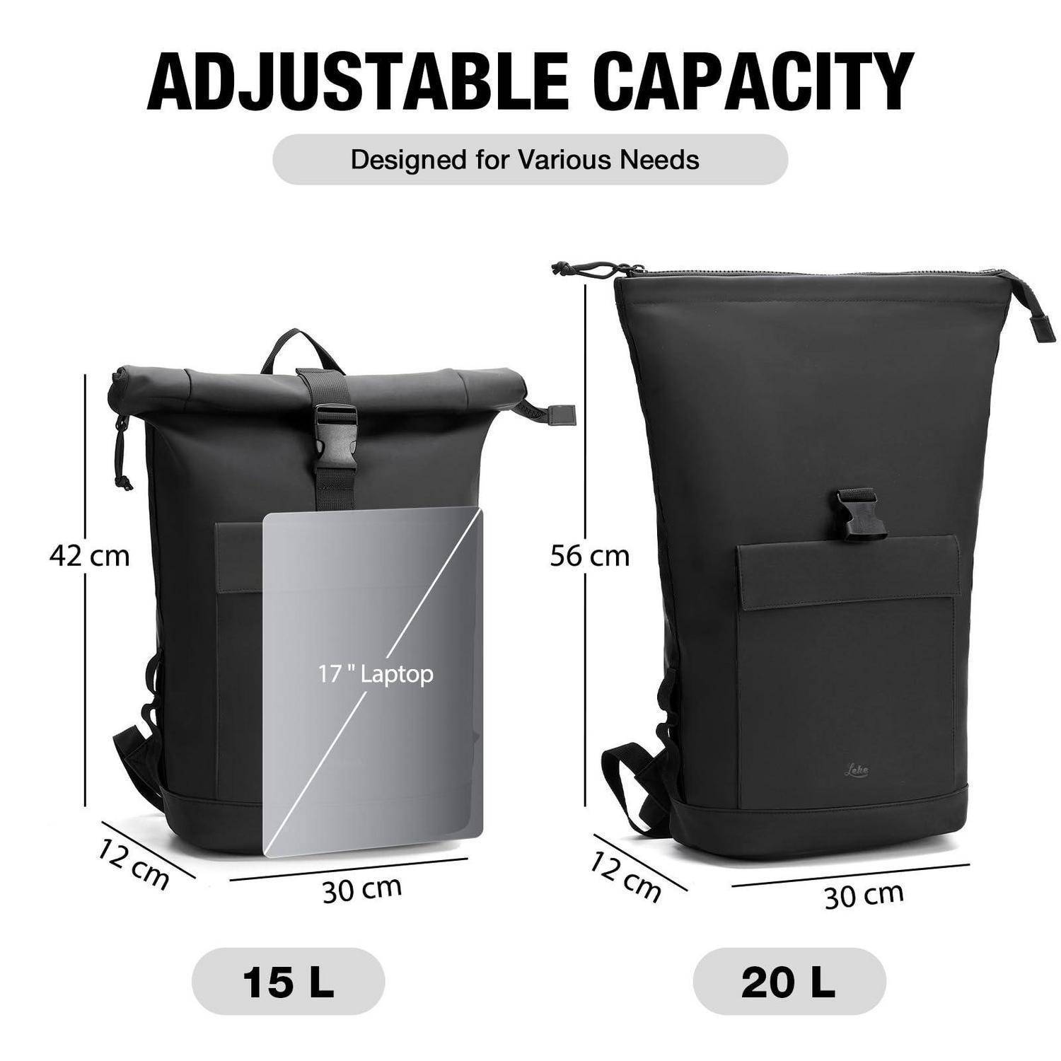 Produktvergleich mit einem Rucksack mit verstellbarer Kapazität und Rolltop-Verschluss: 15 L, 42 x 30 x 12 cm passt für einen 17-Zoll-Laptop; 20 L, 56 x 30 x 12 cm.