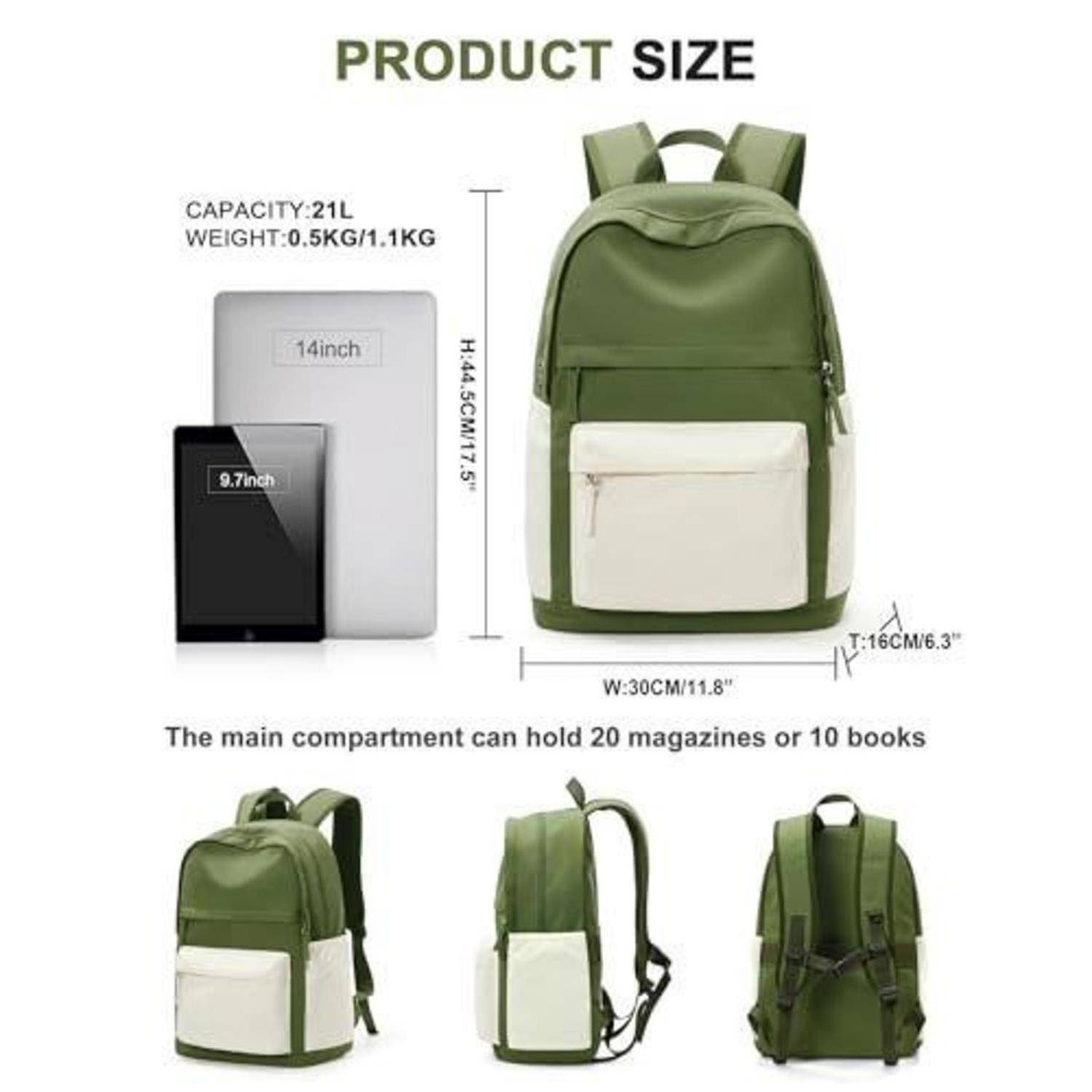 Produktgrößendiagramm für einen grünen Rucksack: 21-Liter-Kapazität, 0,5 kg Gewicht, 44,5 cm Höhe, 30 cm Breite, 16 cm Tiefe, passt für einen 14-Zoll-Laptop und ein 9,7-Zoll-Tablet.