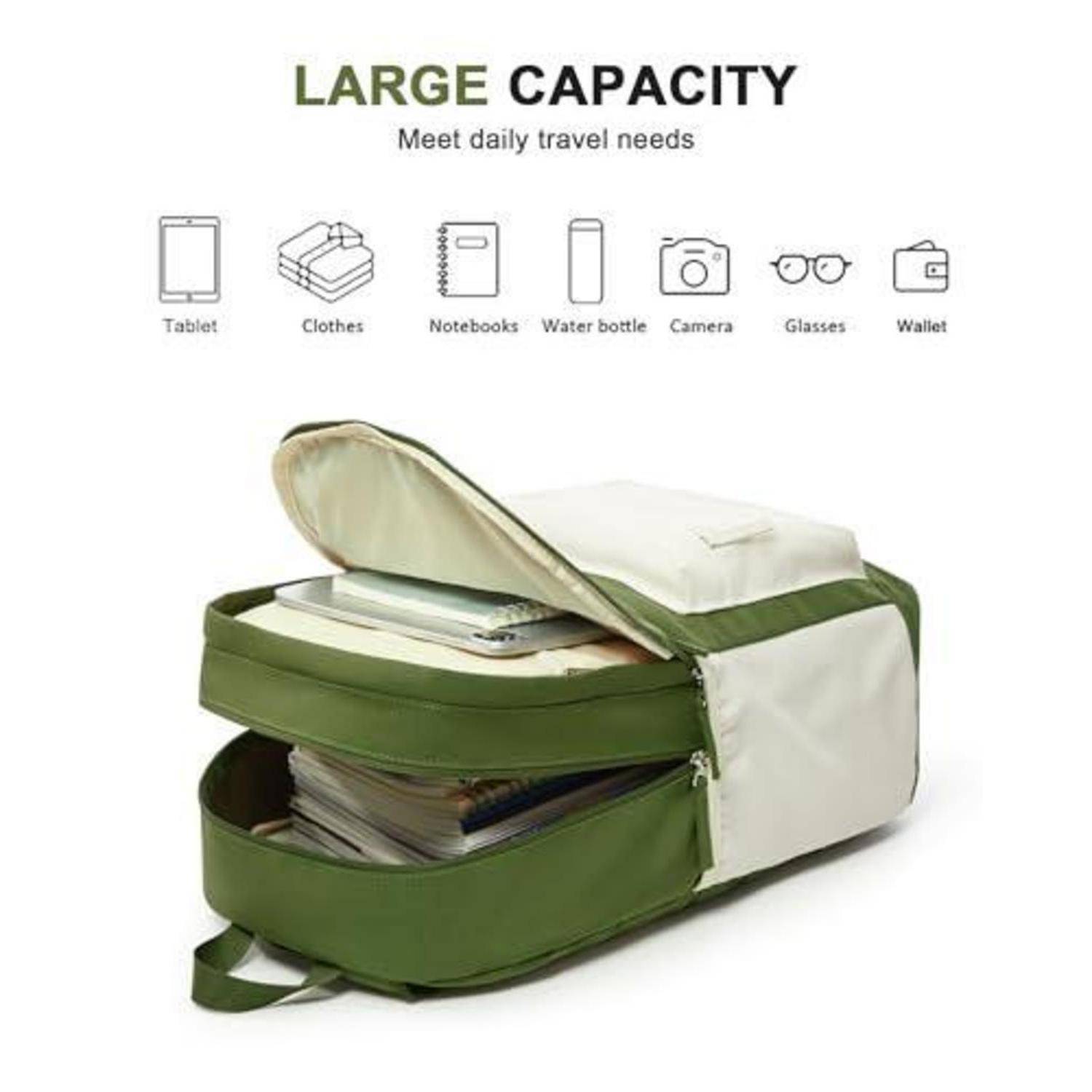Werbebild eines großvolumigen grün-weiß gestreiften Rucksacks, offen dargestellt mit Kleidung und Büchern im Inneren; Symbole oben zeigen an, dass er Tablet, Notizbücher, Wasserflasche, Kamera, Brille und Geldbörse fasst.