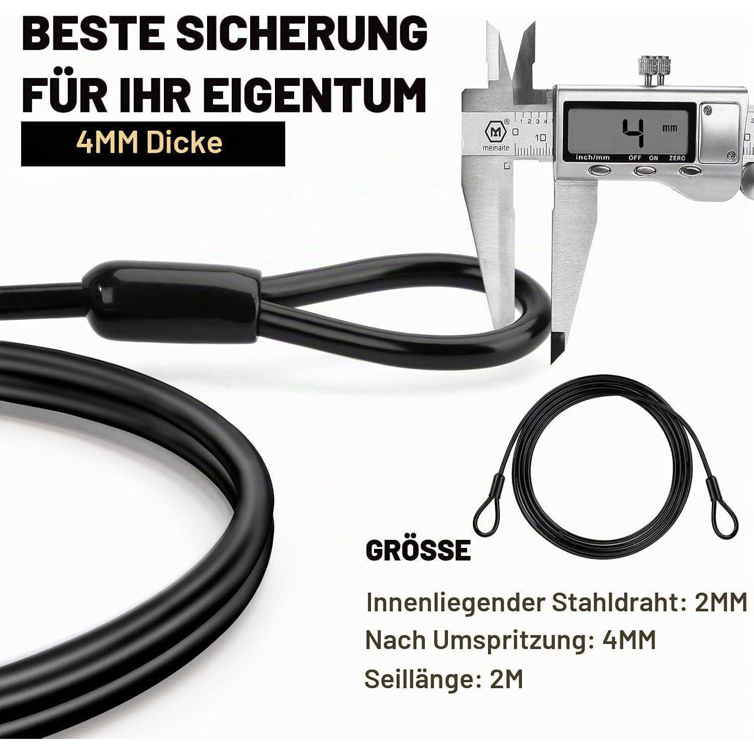 Produktanzeige für ein schwarzes Sicherheitskabel mit 4 mm Dicke, 2 mm Stahlkern, 4 mm Beschichtung und 2 m Länge, gemessen mit einer Schieblehre.