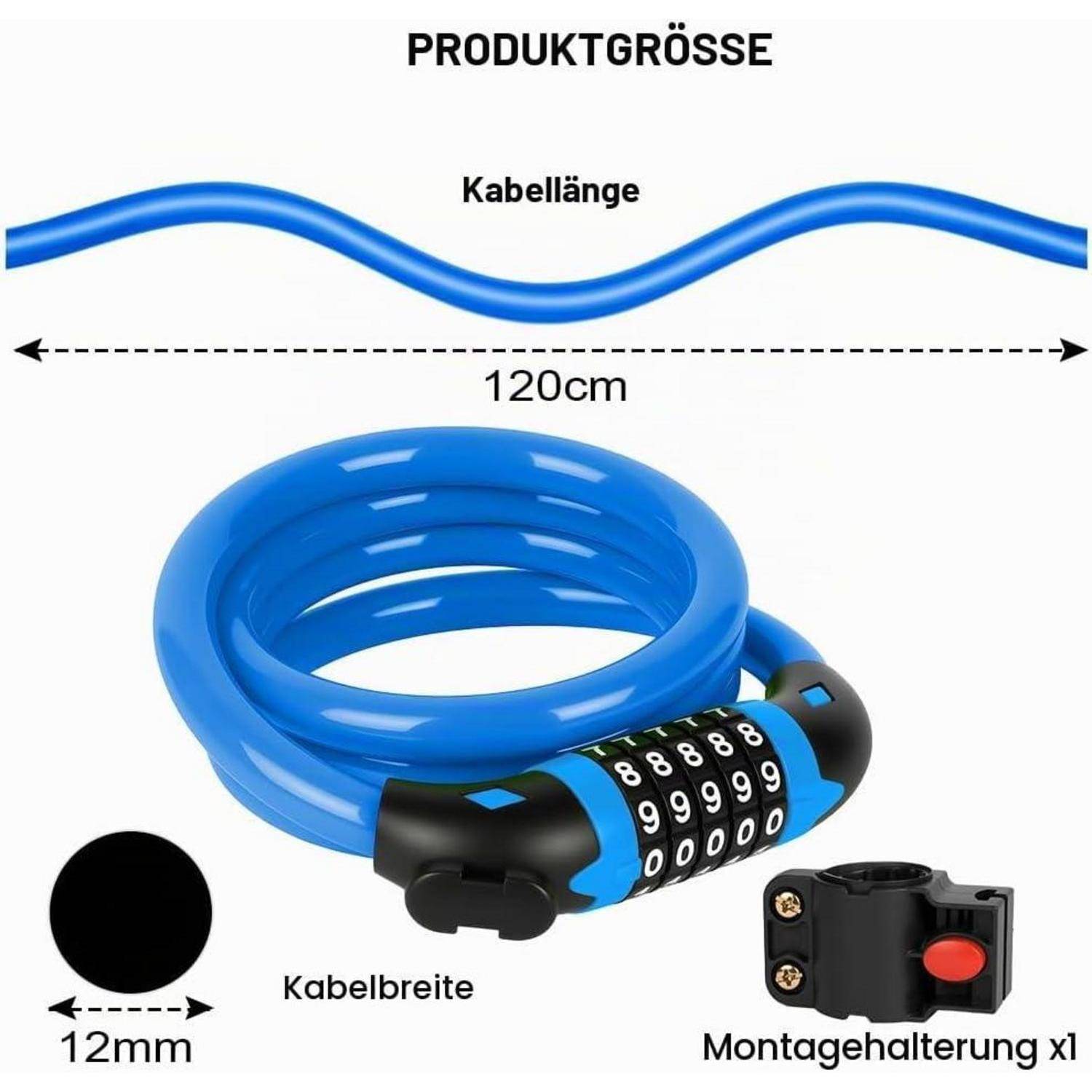 Produktgrößendiagramm für ein blaues Spiralkabelschloss: Kabellänge 120 cm, Kabelbreite 12 mm, mit einer Befestigungshalterung.