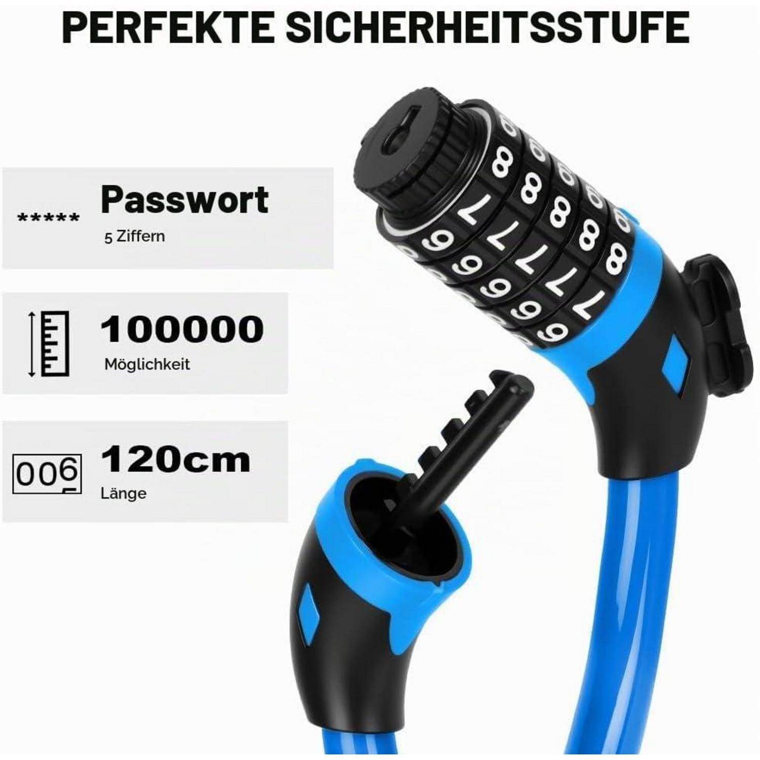 Produktgrafik eines blauen Kombinationskabelschlosses mit 5-stelligem Passwort, 100.000 möglichen Kombinationen und 120 cm Länge; Text sagt „PERFEKTE SICHERHEITSSTUFE