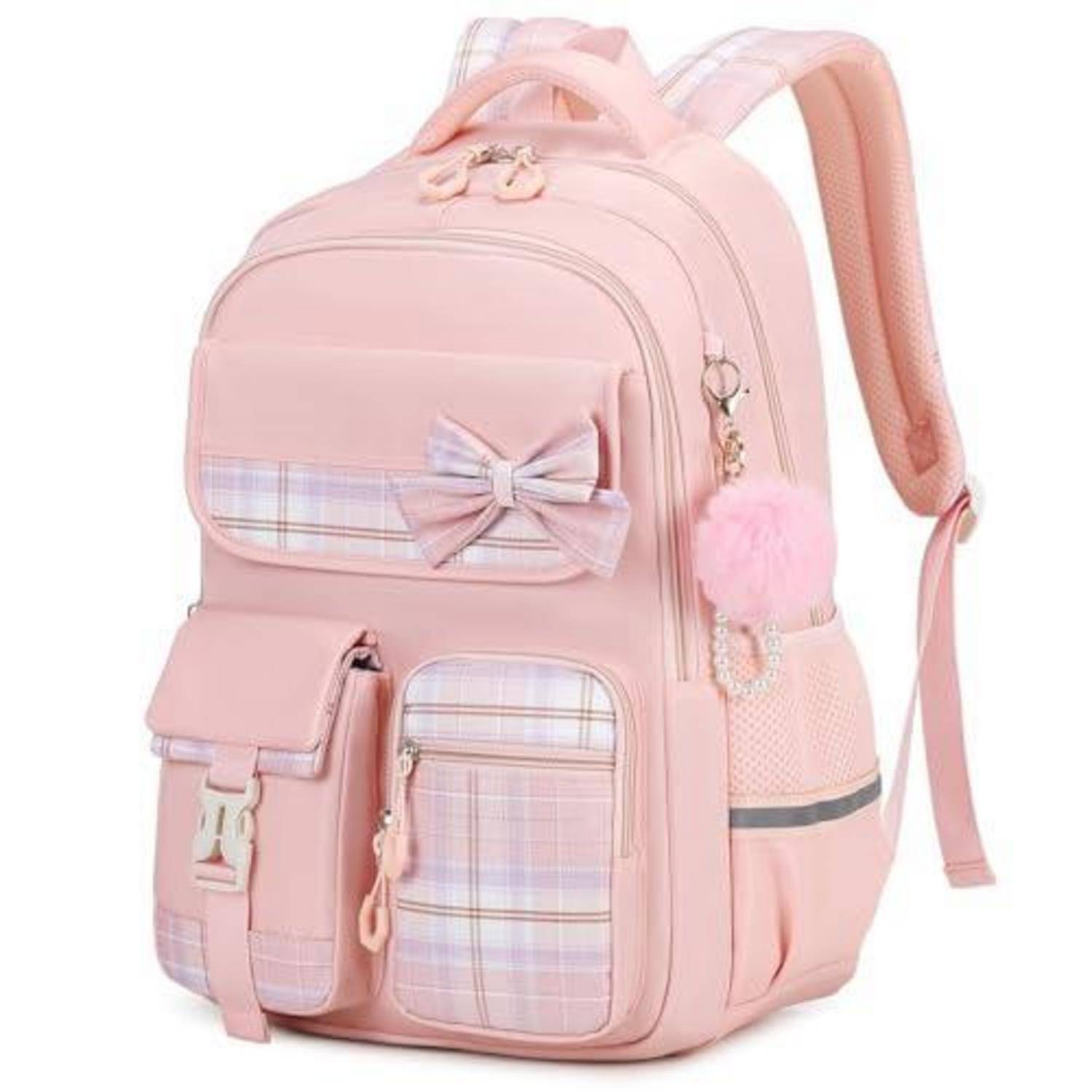 Rosa Schulrucksack mit karierten Taschen, Schleifendetail, seitlichem Flaschenhalter und flauschigem Anhänger.