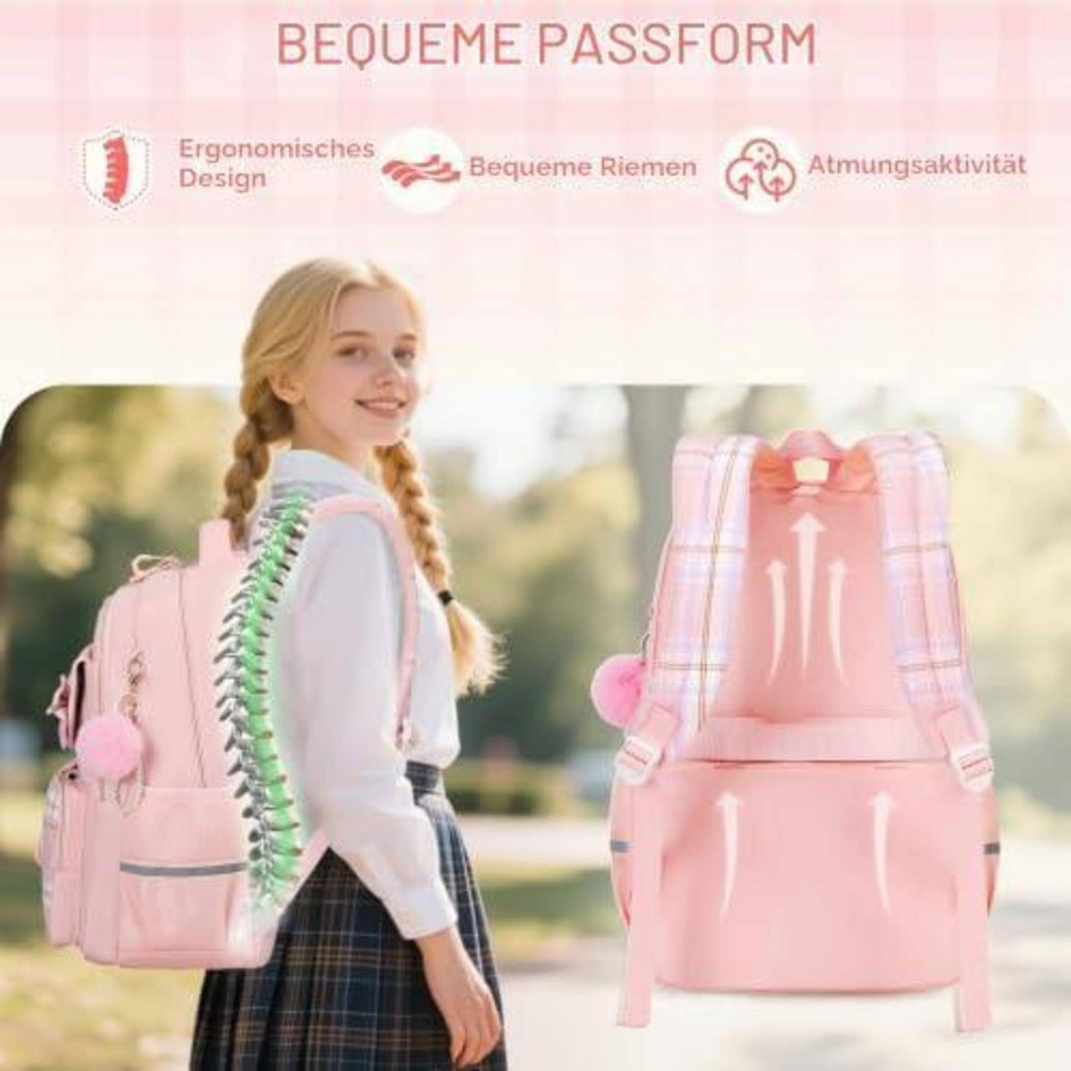 Rosa Schulrucksack Anzeige mit einem Mädchen, das den Rucksack trägt, und einer Vorderansicht des Rucksacks, mit deutschem Text, der ergonomisches Design, komfortable Riemen und Atmungsaktivität hervorhebt.