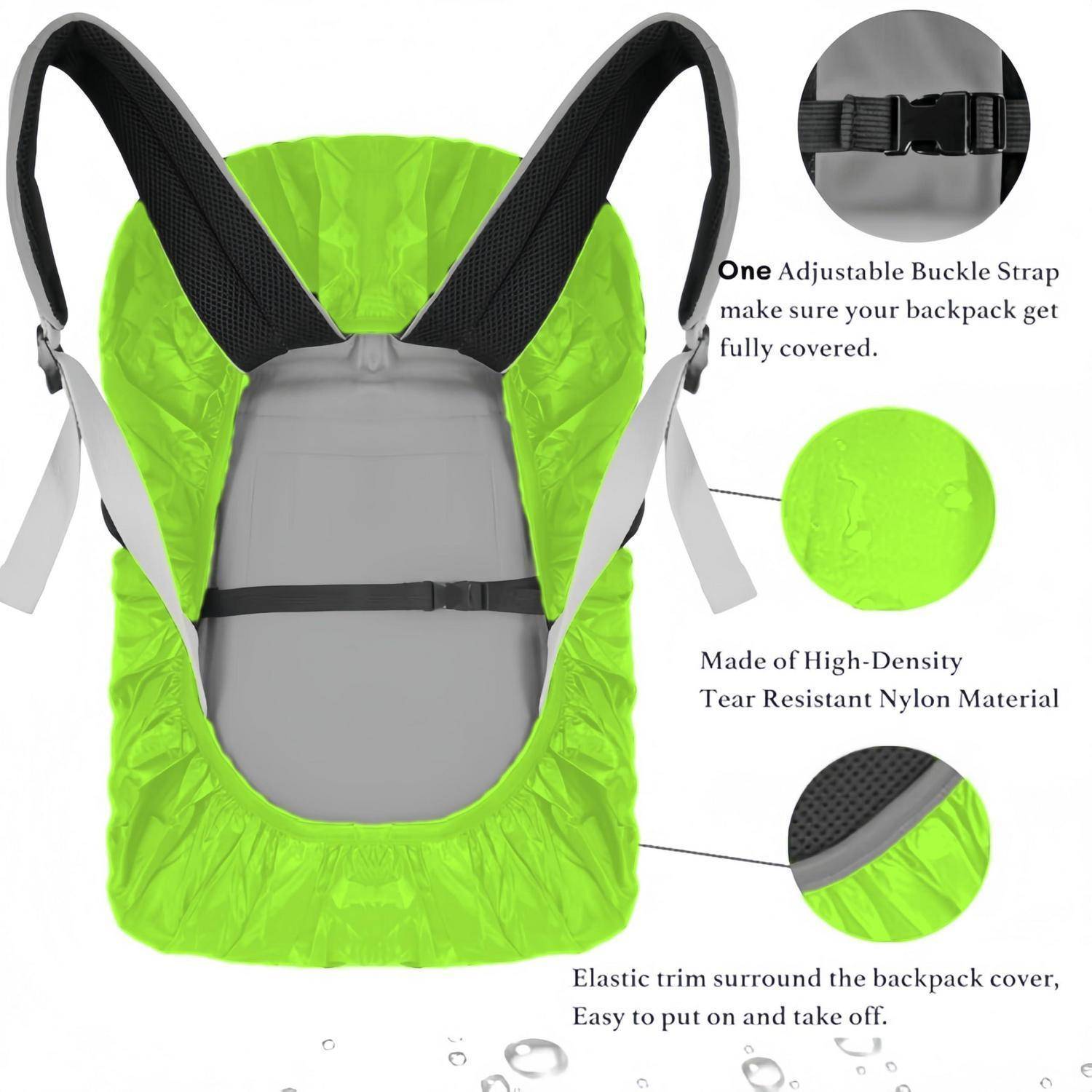 Leuchtend grüne Regenschutzhülle für Rucksack mit verstellbarem Schnallengurt, elastischem Saum und Detailaufnahmen, die das reißfeste Nylonmaterial und die Abdeckung zeigen.