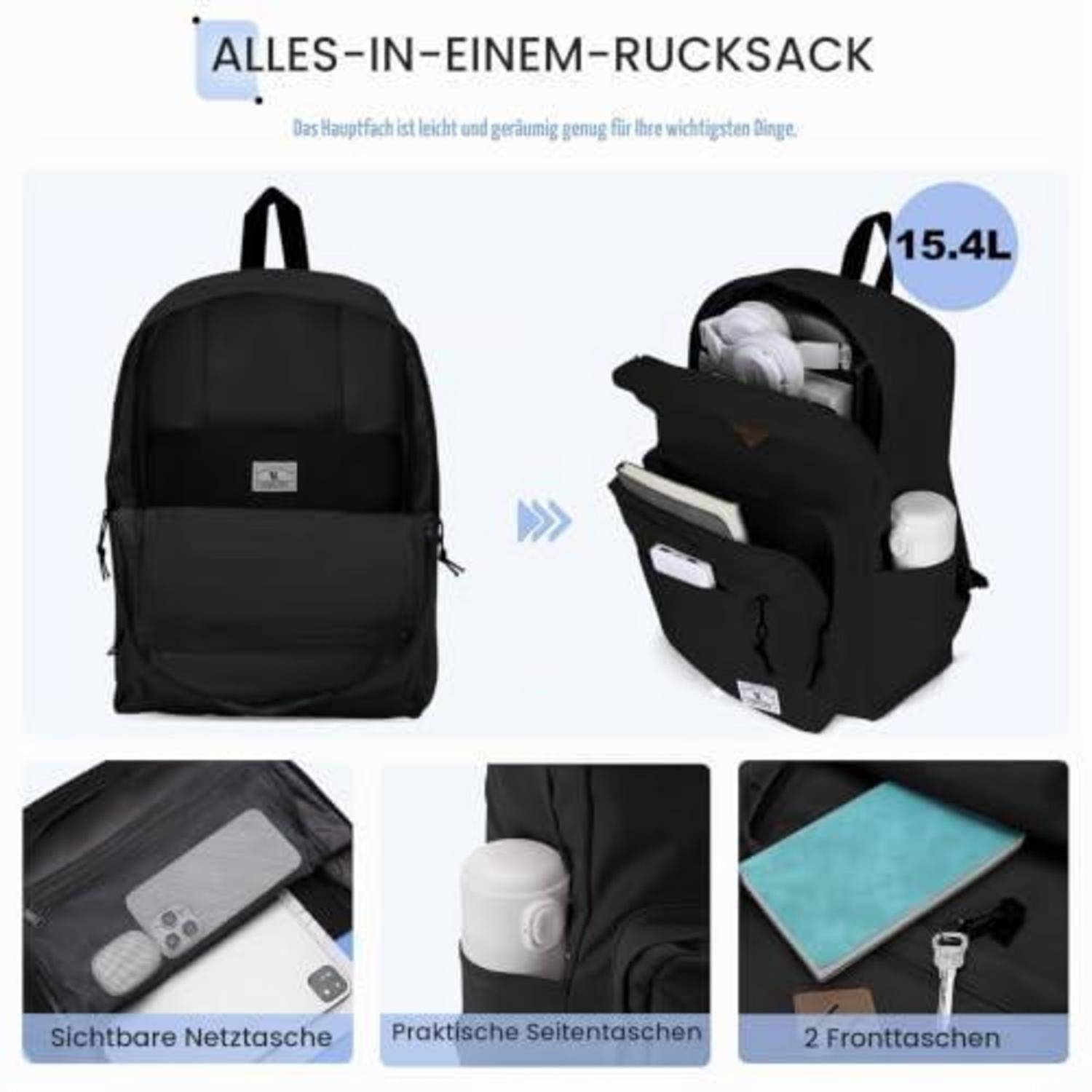 Schwarzer Multifunktionsrucksack von vorne und geöffnet dargestellt, mit 15,4-Liter-Kapazität und mehreren Aufbewahrungstaschen für Laptop, Seitengegenstände und vordere Fächer.