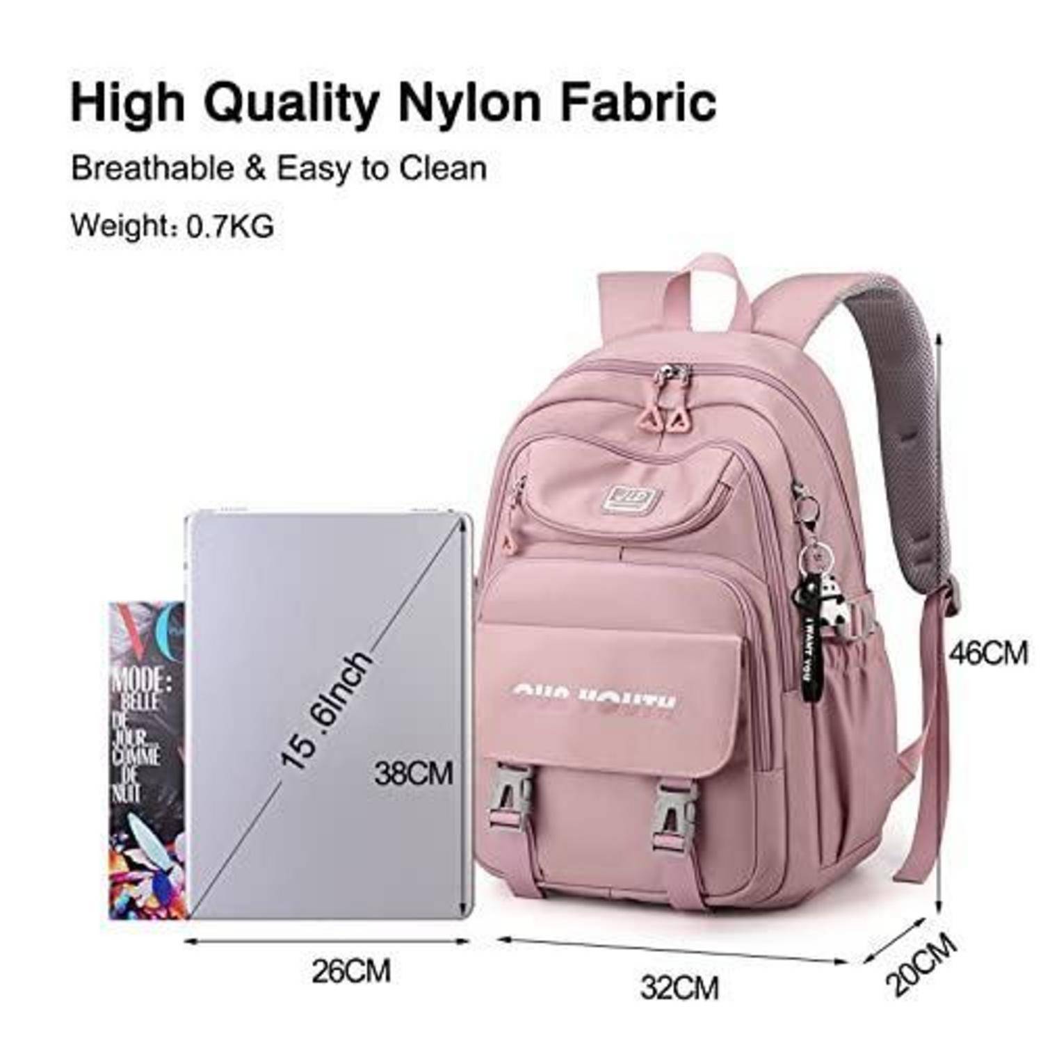 Rosa Rucksack aus hochwertigem Nylongewebe, gezeigt mit den Abmessungen 32 x 26 x 20 cm und 46 cm Höhe; passt für einen 15,6-Zoll-Laptop.