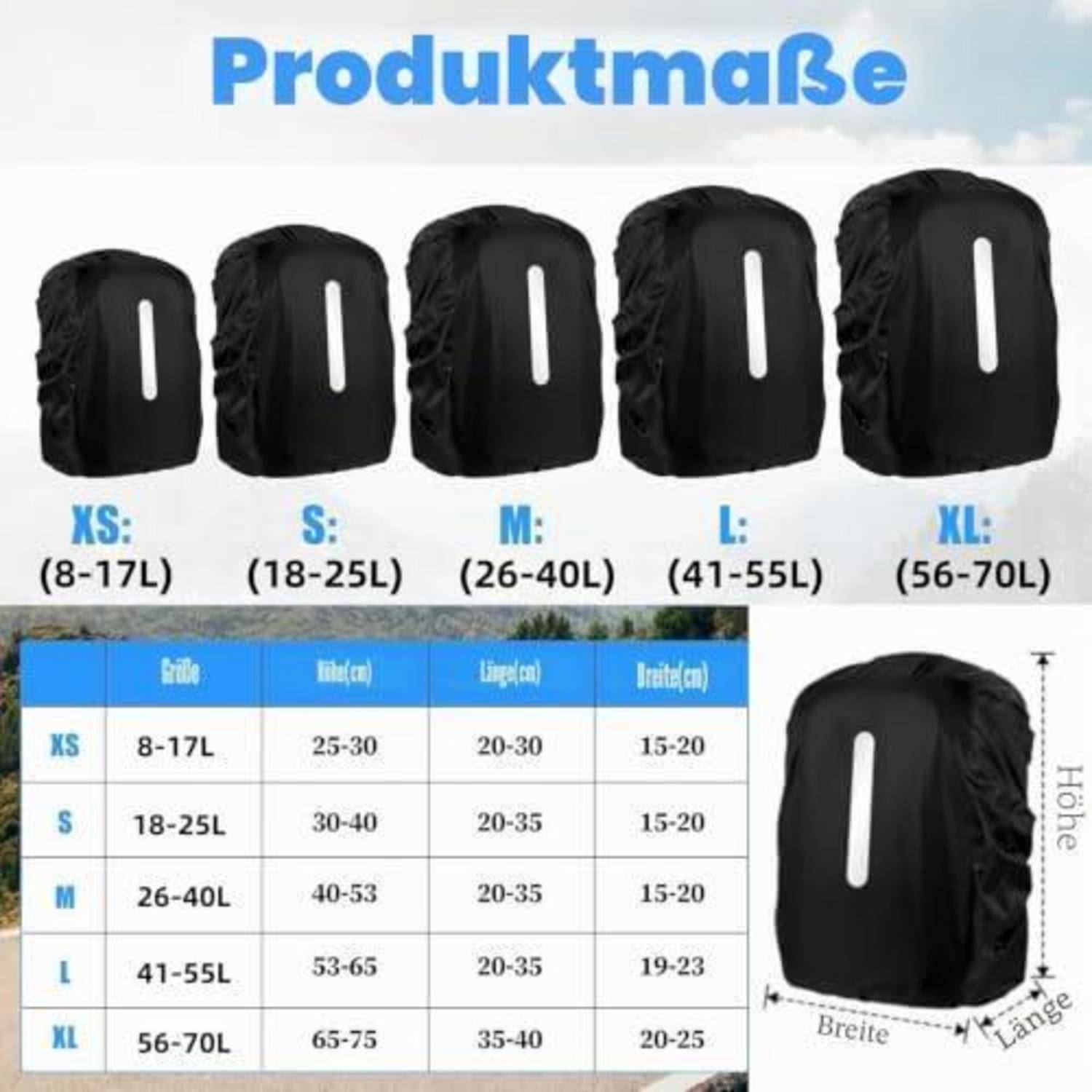 2 Stück Rucksack Regenschutz L (41-55L) Schwarz mit Reflektor