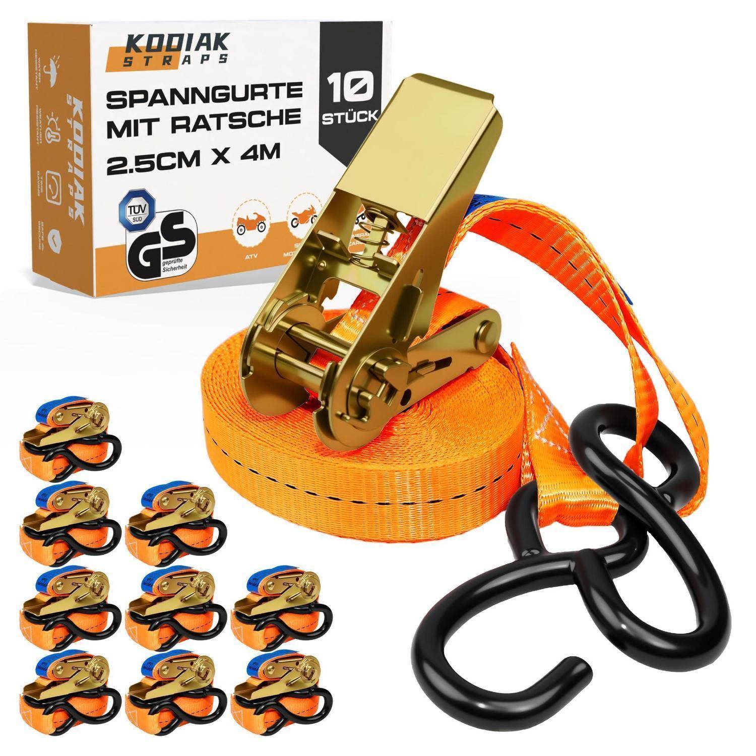 Packung mit Kodiak Straps Ratschenverschluss-Zurrgurten, 2,5 cm x 4 m, mit Metallratschenverschluss, Haken und 10er-Box abgebildet.