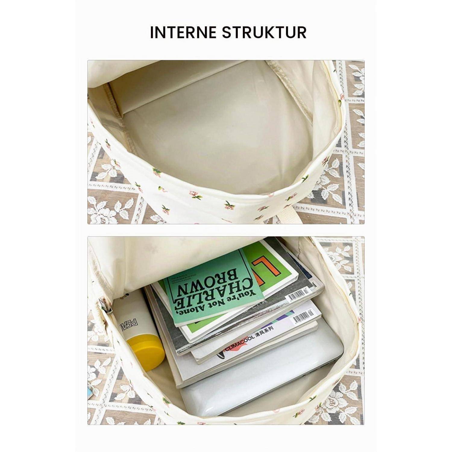 Zwei Fotos, die die innere Struktur und Kapazität einer cremefarbenen Tragetasche zeigen, zunächst leer und dann gefüllt mit Notizbüchern und einer Flasche; der Titel lautet „INTERNE STRUKTUR