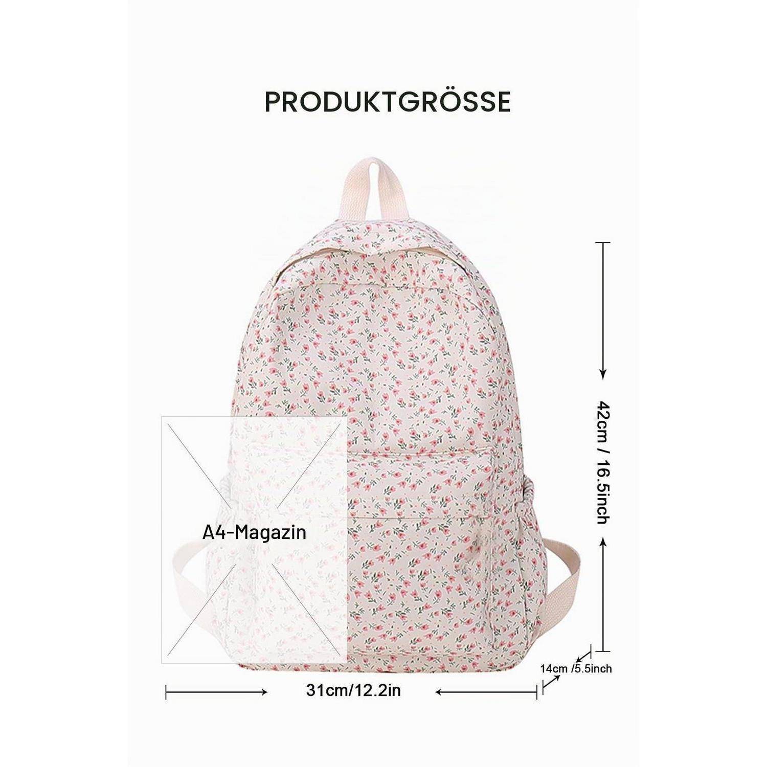 Produktgrößendiagramm für Blumen-Rucksack mit einer Höhe von 42 cm, einer Breite von 31 cm und einer Tiefe von 14 cm, mit A4-Magazin-Größenreferenz.