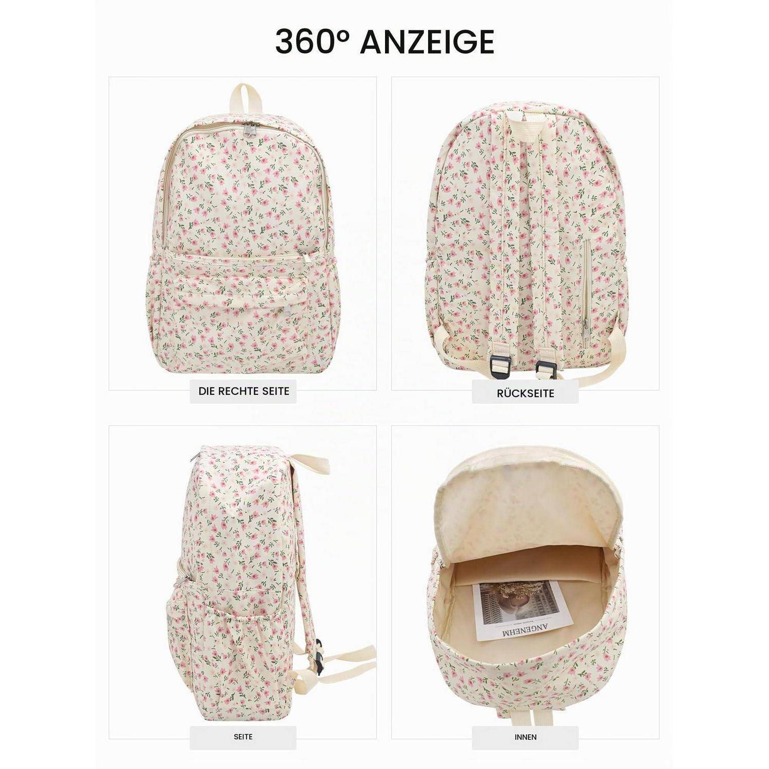 4-teilige Produktanzeige eines Blumen-Rucksacks, die die rechte Seite, die Rückseite, die Seitenansicht und das Innere zeigt.