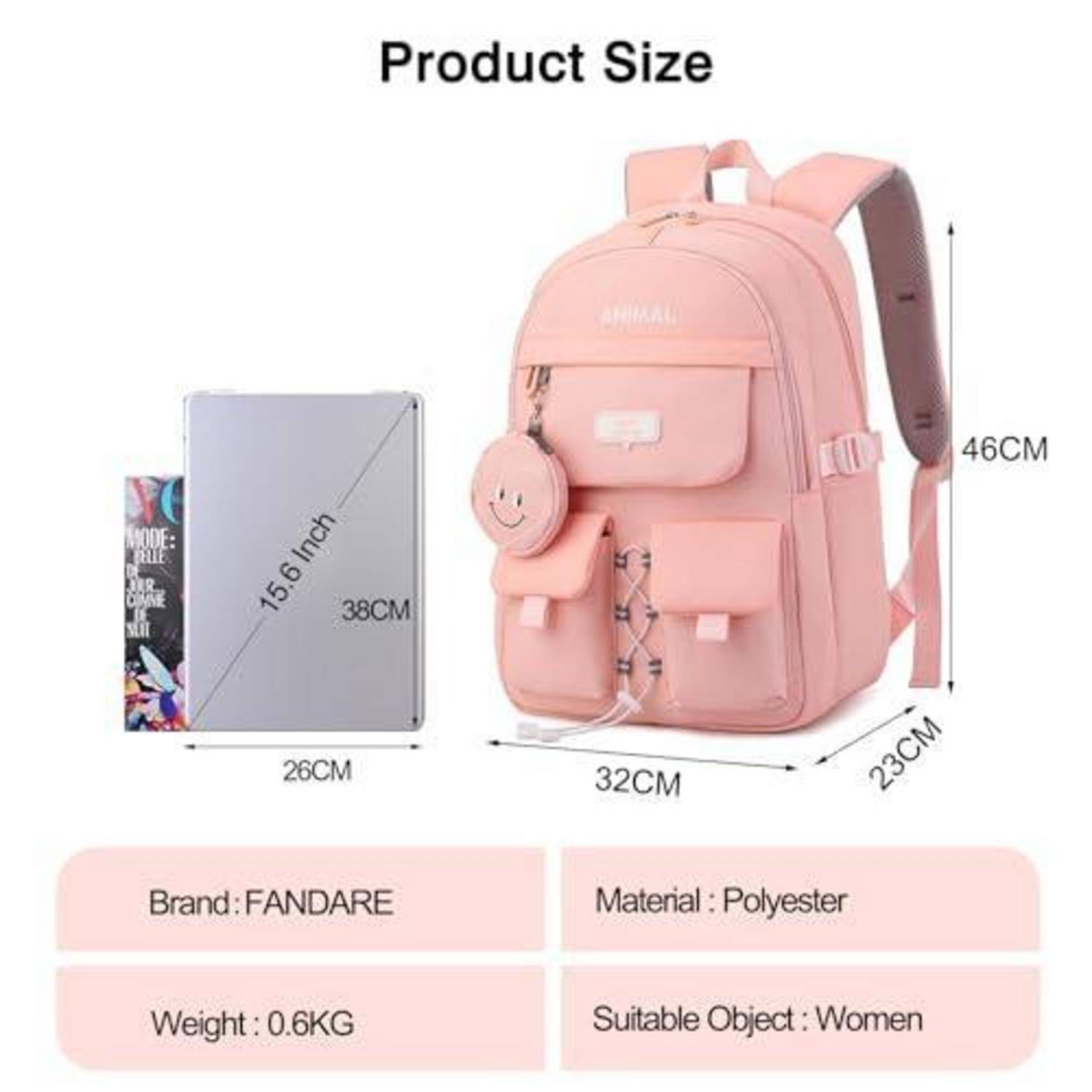 Größentabelle für Produkte mit einem rosa FANDARE-Damenrucksack aus Polyester, 46 cm hoch, 32 cm breit, 23 cm tief, neben einem 15,6-Zoll-Laptop zur Größenreferenz; Gewicht 0,6 kg.