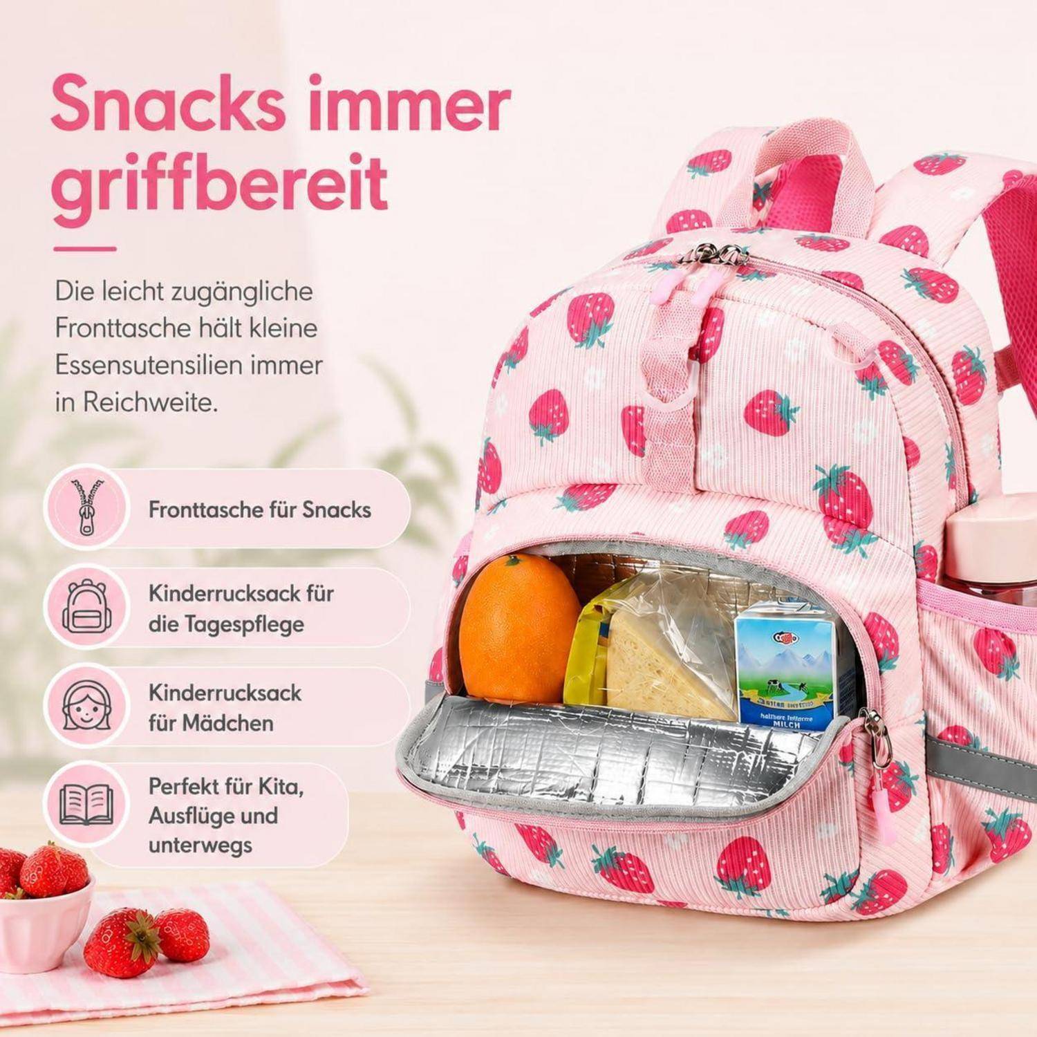 Rosa Kinderrucksack mit Erdbeerenprint und vorderer Snacktasche, die offen Obst und Lunchboxen zeigt; deutscher Text wirbt für leicht erreichbare Snacks für Kindergarten und Ausflüge.