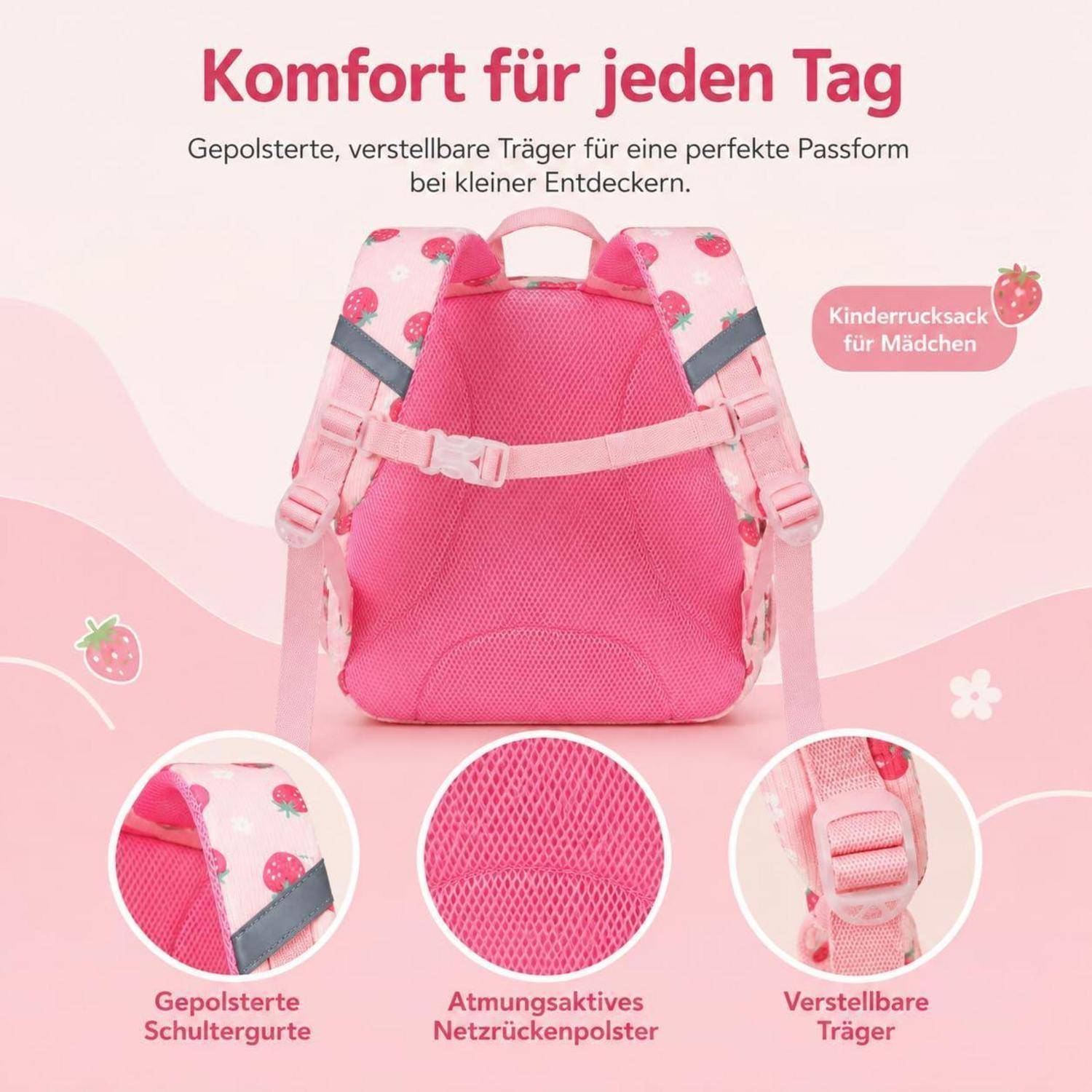 Rosarucksack für Mädchen mit verstellbaren gepolsterten Trägern und atmungsaktiver Netzrückenfütterung, gezeigt mit deutschem Text zur Hervorhebung von Komfort und Passform.
