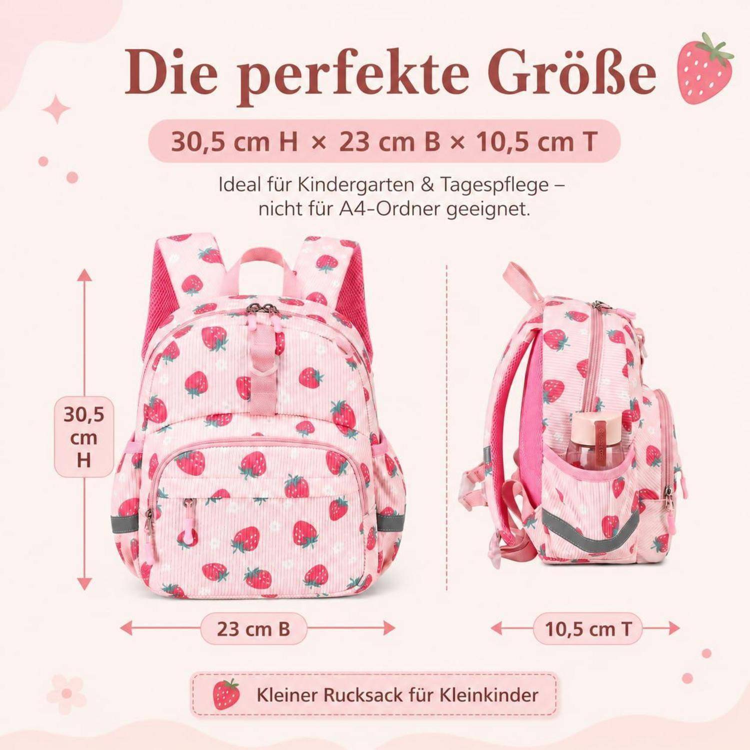 Deutscher Angebot: Rosa Kinderrucksack mit Erdbeer-Druck und den Maßen 30,5 cm H x 23 cm B x 10,5 cm T; ideal für Kindergarten/Kinderbetreuung, nicht für A4-Ordner geeignet.