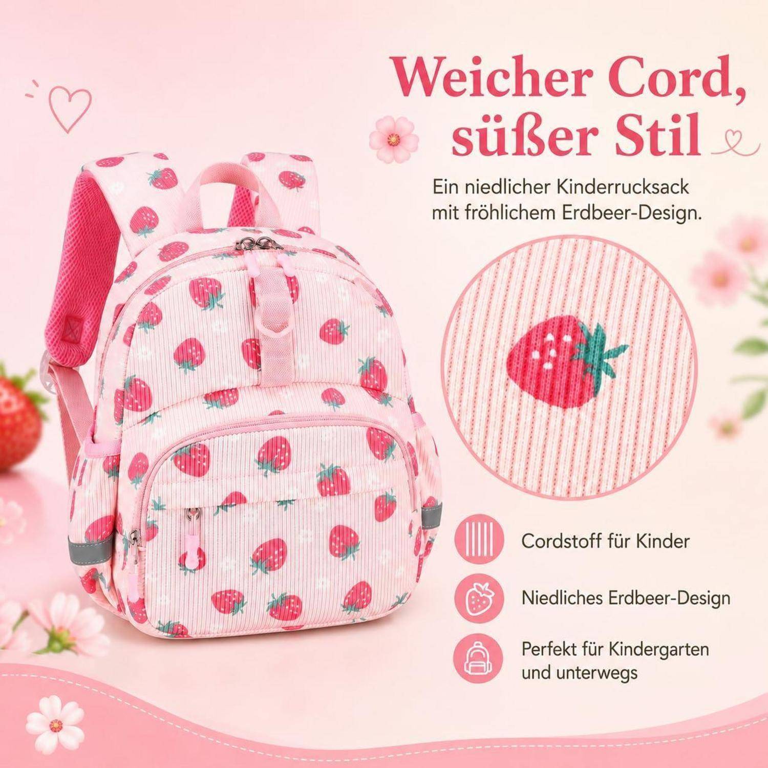 Rosa Kinderrucksack mit Erdbeerprint, gezeigt als weiches Cord-Kindergartentasche; deutscher Text bewirbt 'Weicher Cord, süßer Stil'.