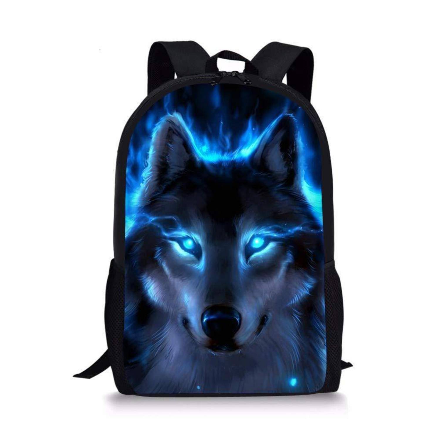 Schwarzer Rucksack mit einem leuchtend blauen Wolfsgesicht-Grafik auf der Vorderseite vor weißem Hintergrund.