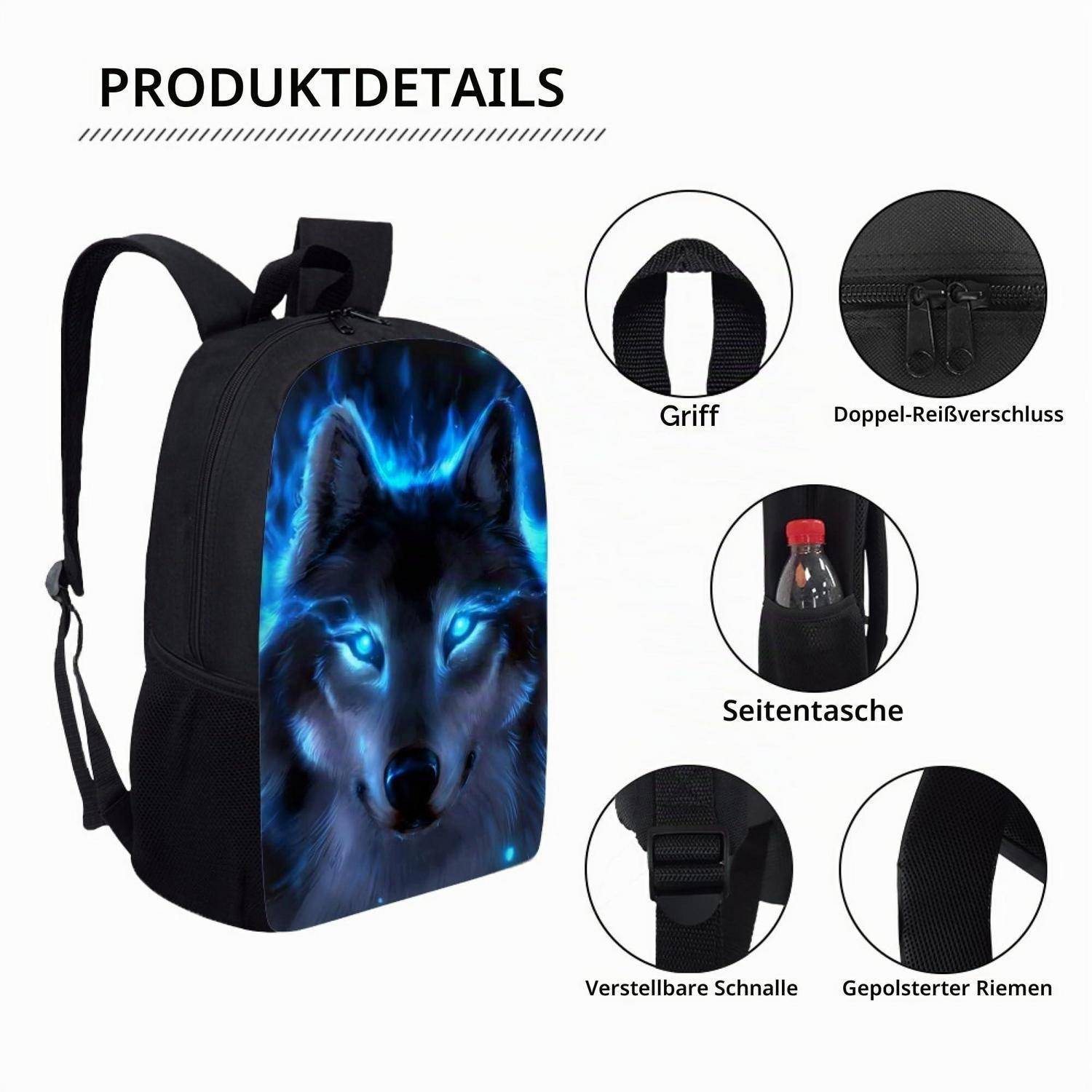 Schwarzer Rucksack mit leuchtend blauem Wolfgrafik, gezeigt mit beschrifteten Details: Griff, Doppelreißverschluss, Seitentasche, verstellbarer Schnalle und gepolsterte Riemen.