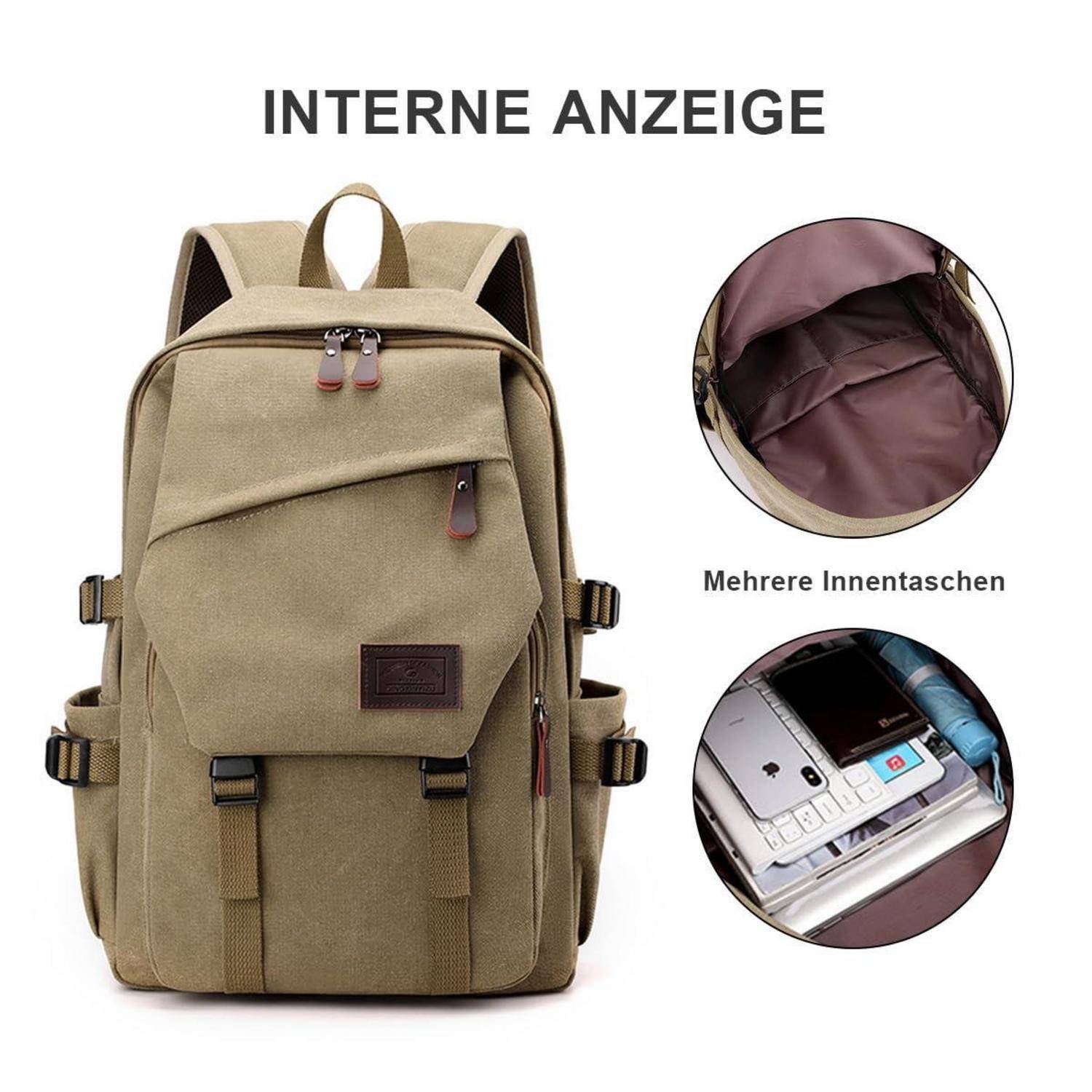 Beiger Rucksack in Vorderansicht mit der Aufschrift 