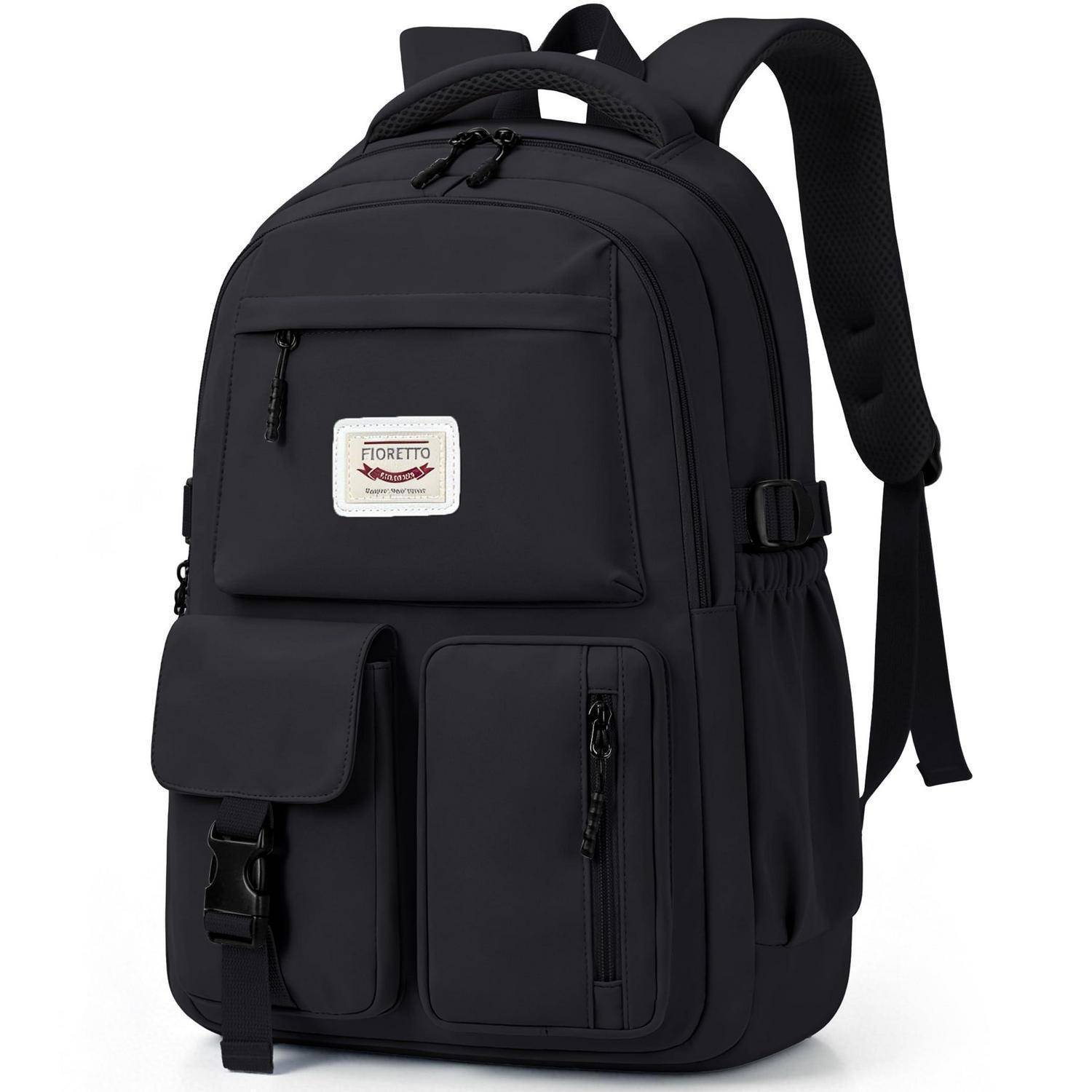 Schwarzer Rucksack mit mehreren Reißverschlussfächern, vorderer Klapptasche, Seitentaschen und gepolsterten Schultergurten auf weißem Hintergrund.