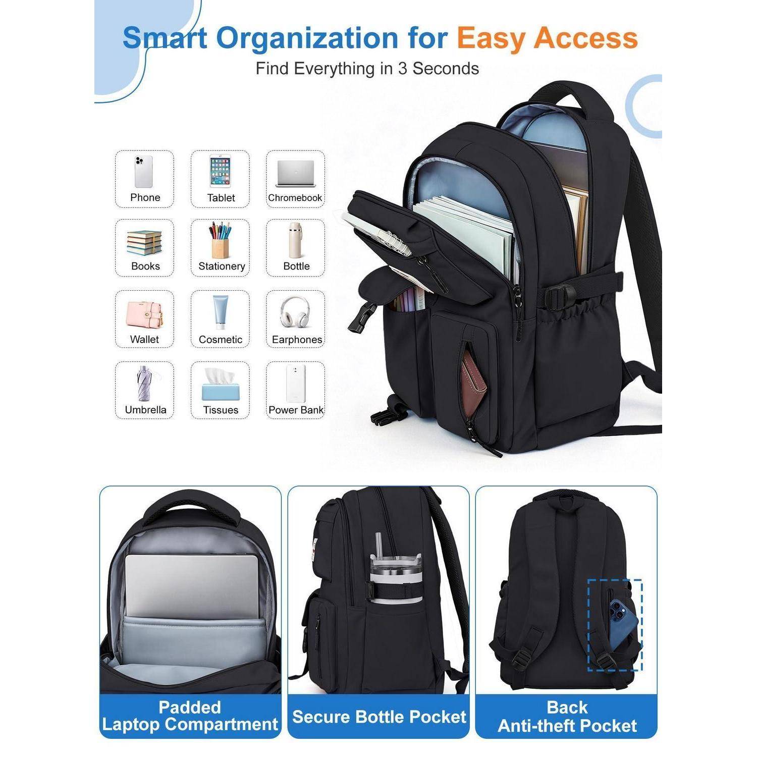 Bewerbungsbild eines schwarzen Rucksacks mit mehreren Fächern, das eine organisierte Aufbewahrung für Telefon, Tablet, Laptop, Bücher, Flasche und andere Essentials zeigt, plus gepolsterte Laptop-, Flaschen- und Diebstahlschutzfächer.