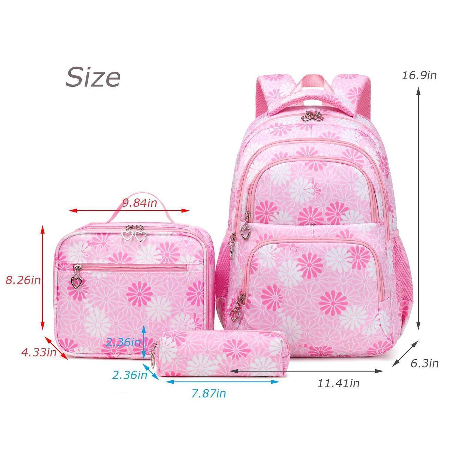 Rosa Blumenmuster Rucksack-Set Größentabelle mit drei Teilen: Rucksack 16,9 x 11,41 x 6,3 Zoll, Lunchbeutel 8,26 x 9,84 x 4,33 Zoll, Federmäppchen 2,36 x 7,87 Zoll.