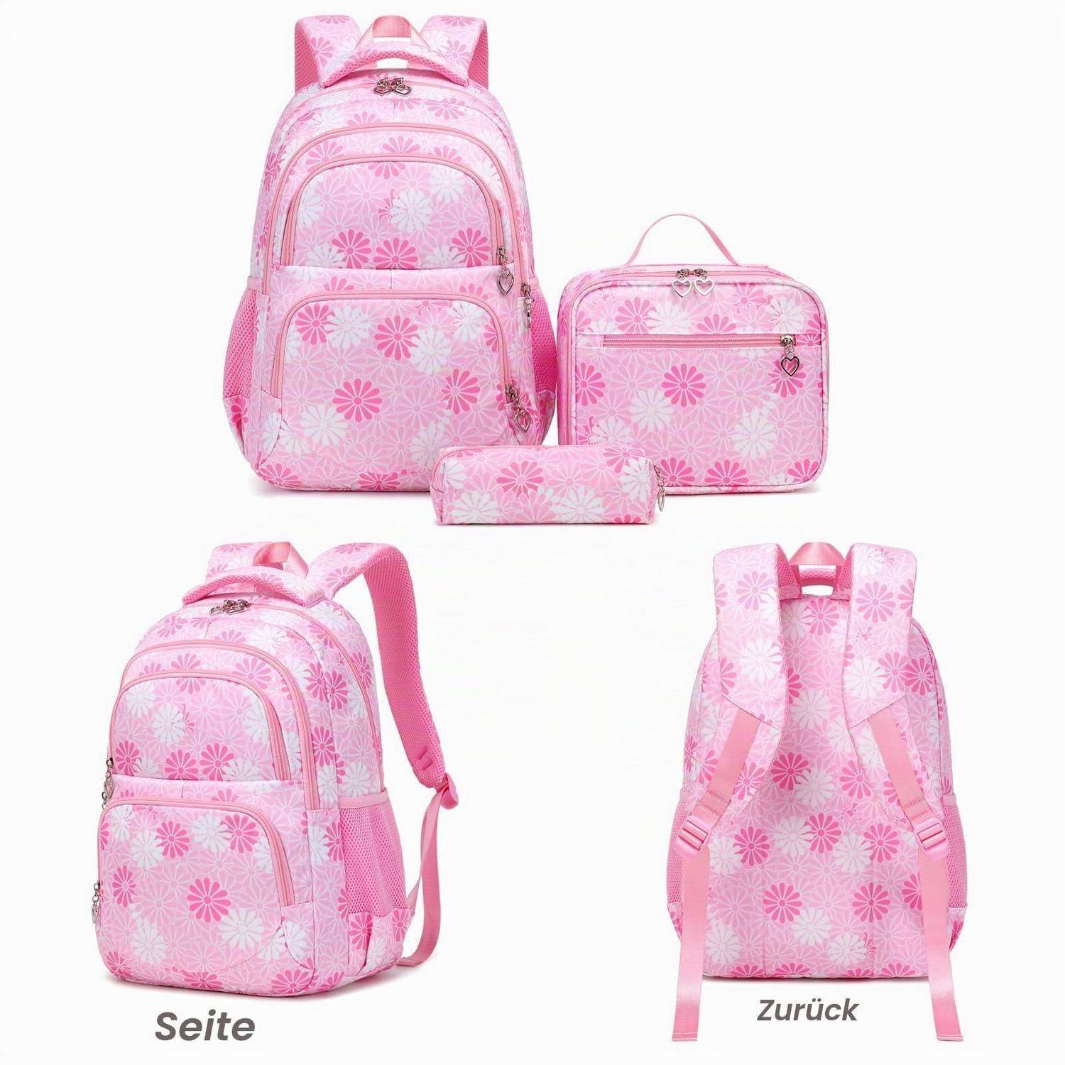 Rosafarbener Schulrucksack mit Blumenmuster, von vorne und hinten gezeigt, mit passender Lunchbox und Federmäppchen.