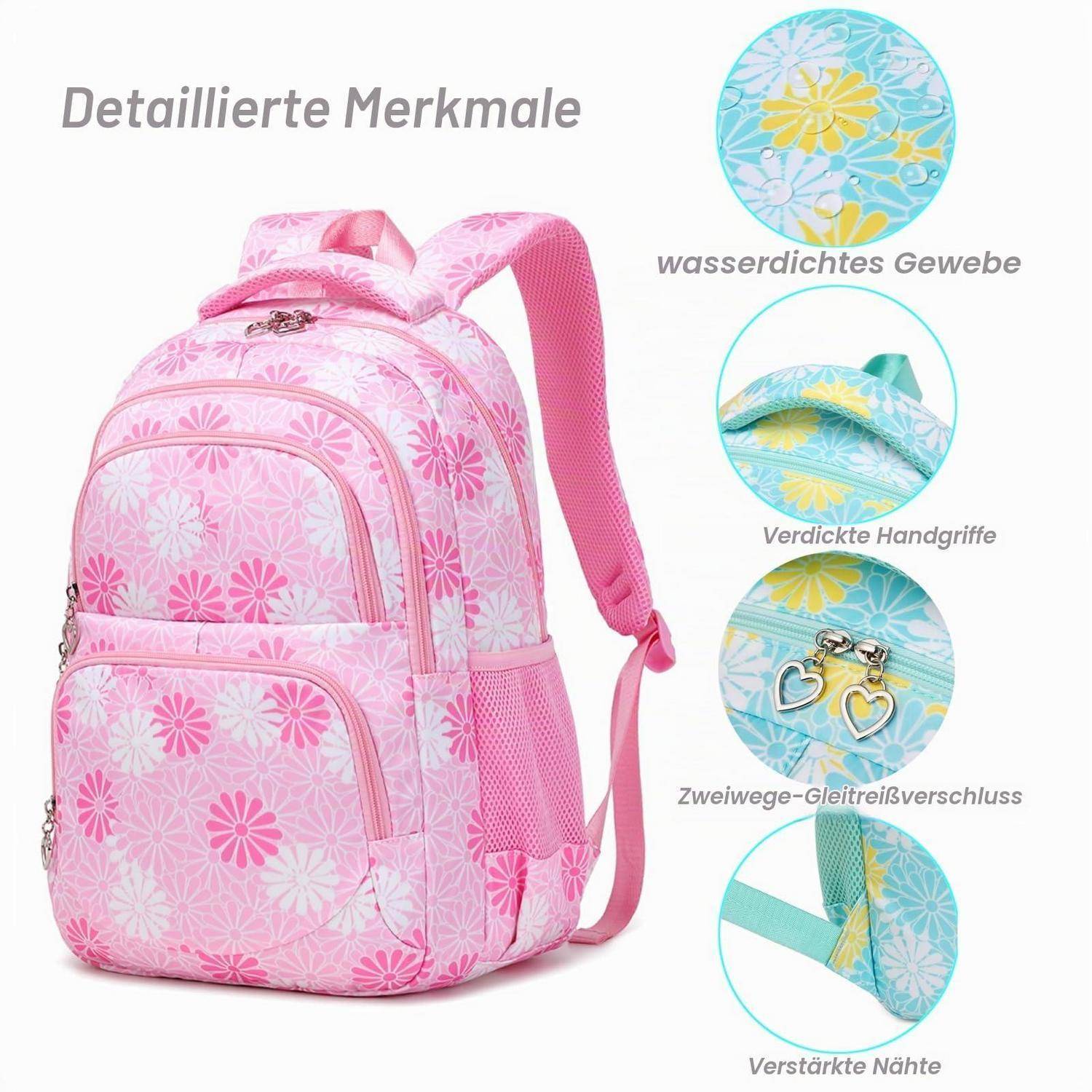 Rosa Blumenmotiv-Rucksack mit Detailmerkzeichen für wasserdichtes Material, gepolsterte Griffe, Doppelreißverschluss und verstärkte Nähte.